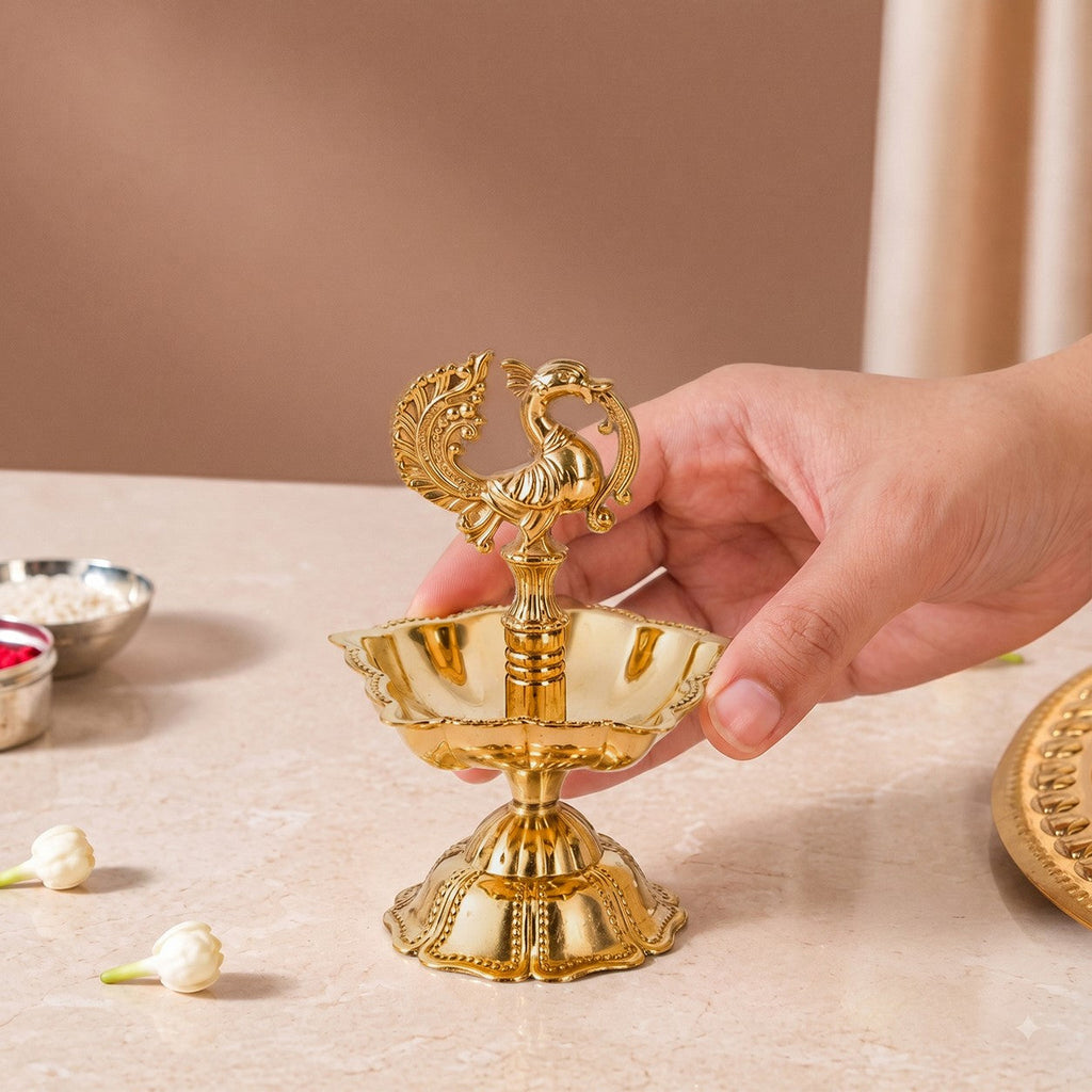 Ornate Peacock Pure Brass Panchmukhi Diya In Gift Box Nestasia