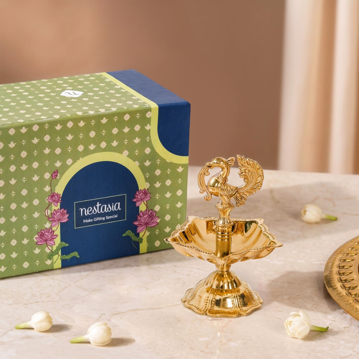 Ornate Peacock Pure Brass Panchmukhi Diya In Gift Box Nestasia