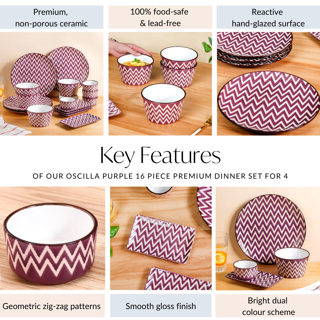 Oscilla Purple 16 Piece Premium Dinner Set For 4 Nestasia
