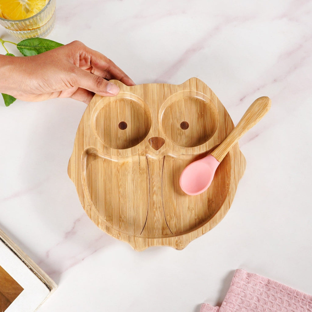 Owl Suction Base All Natural Bamboo Divided Plate Silicon Spoon Set Nestasia