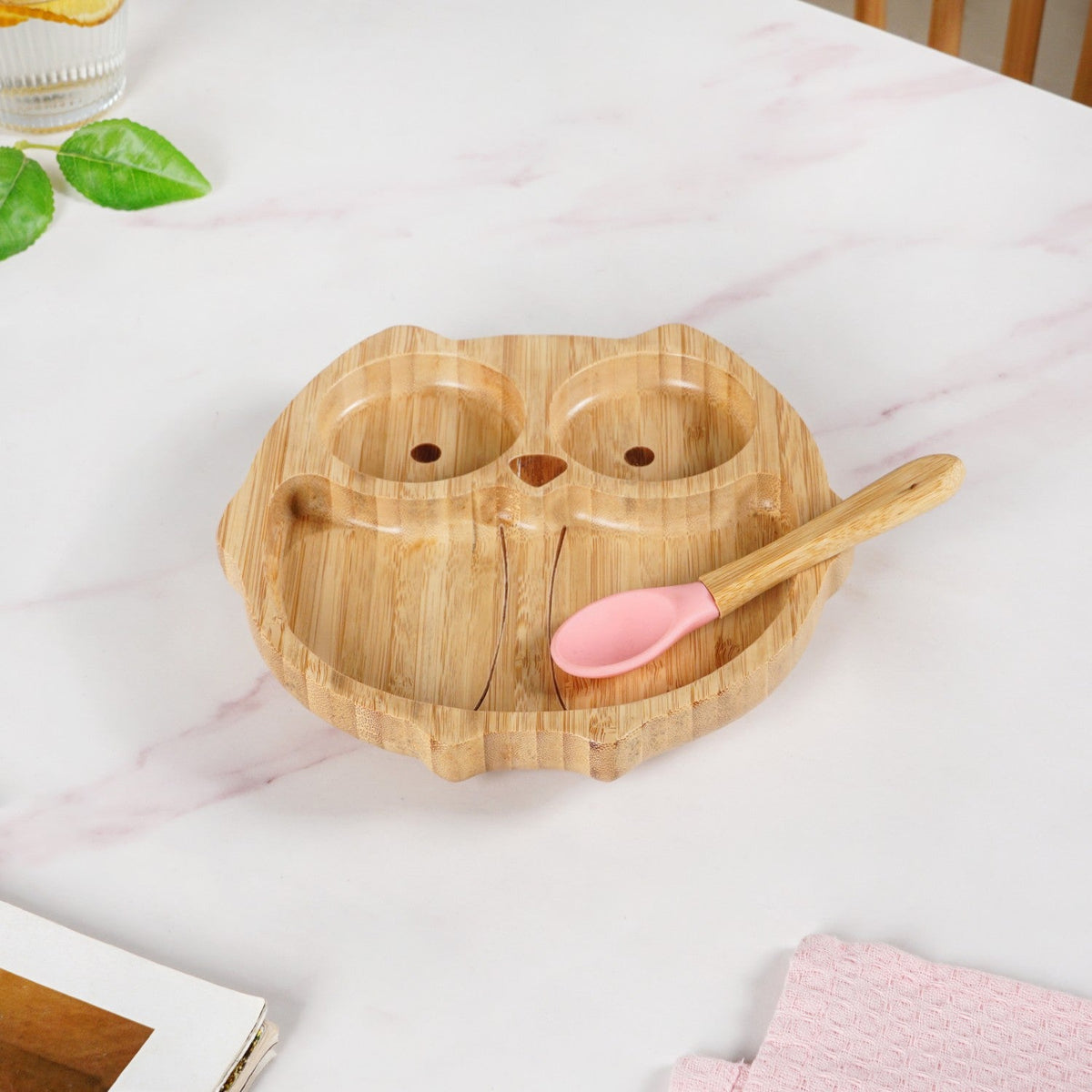 Owl Suction Base All Natural Bamboo Divided Plate Silicon Spoon Set Nestasia