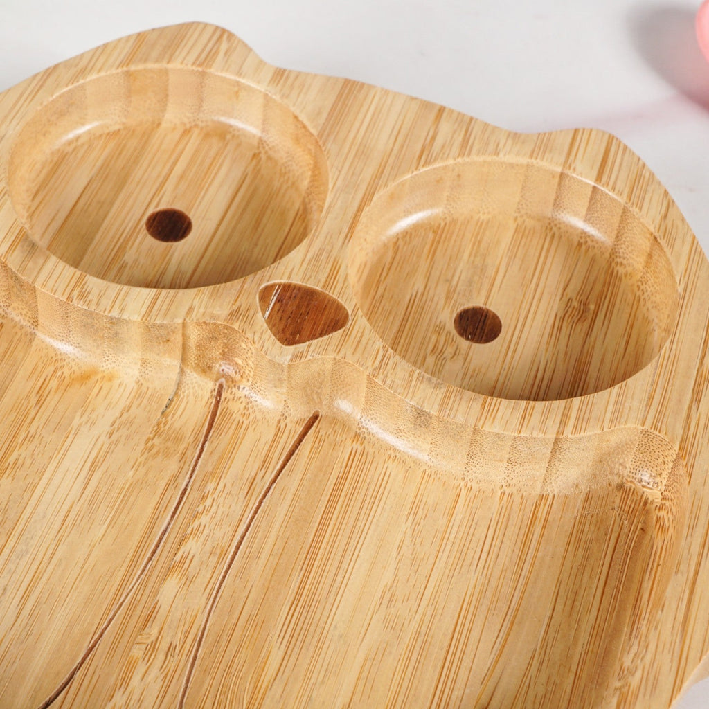 Owl Suction Base All Natural Bamboo Divided Plate Silicon Spoon Set Nestasia