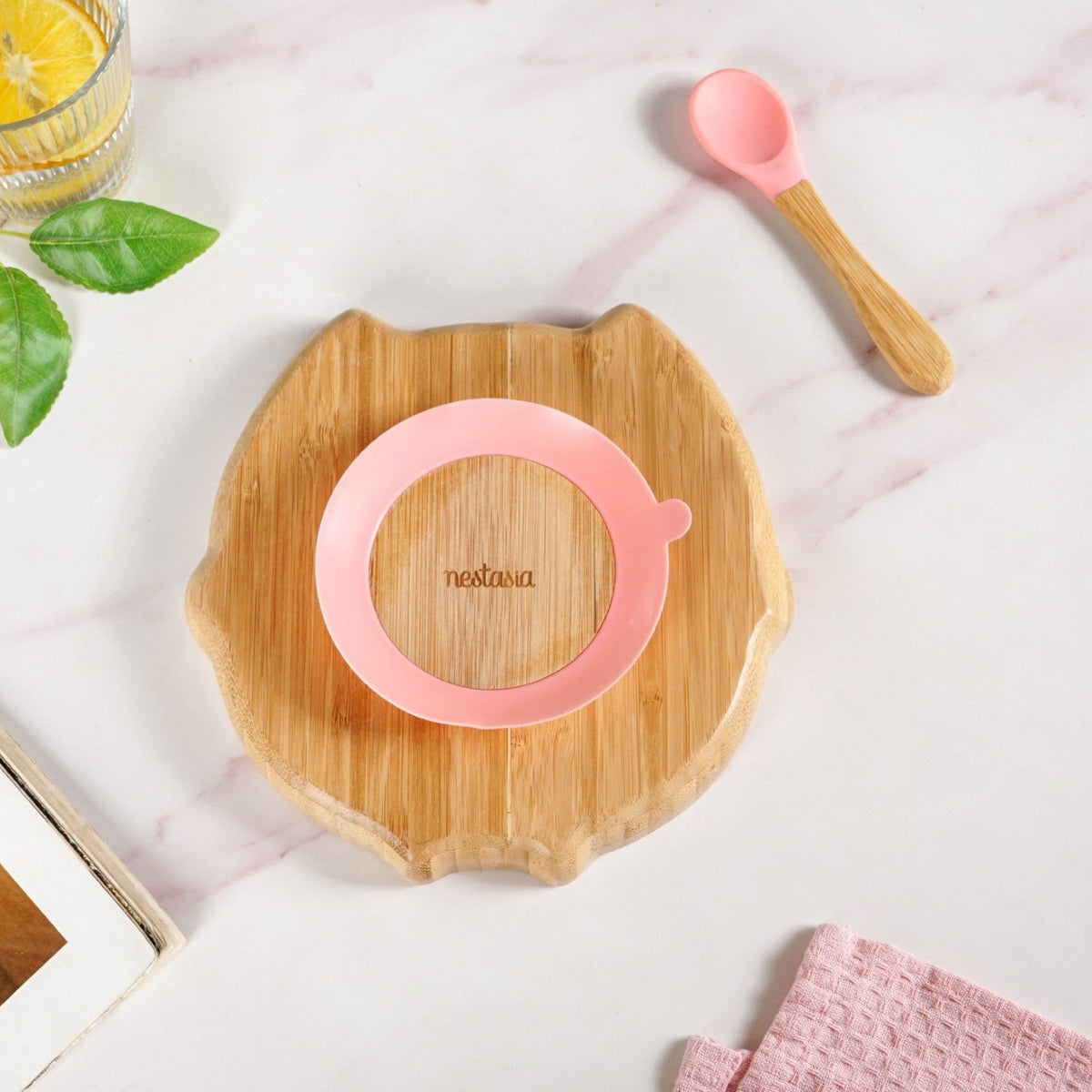 Owl Suction Base All Natural Bamboo Divided Plate Silicon Spoon Set Nestasia