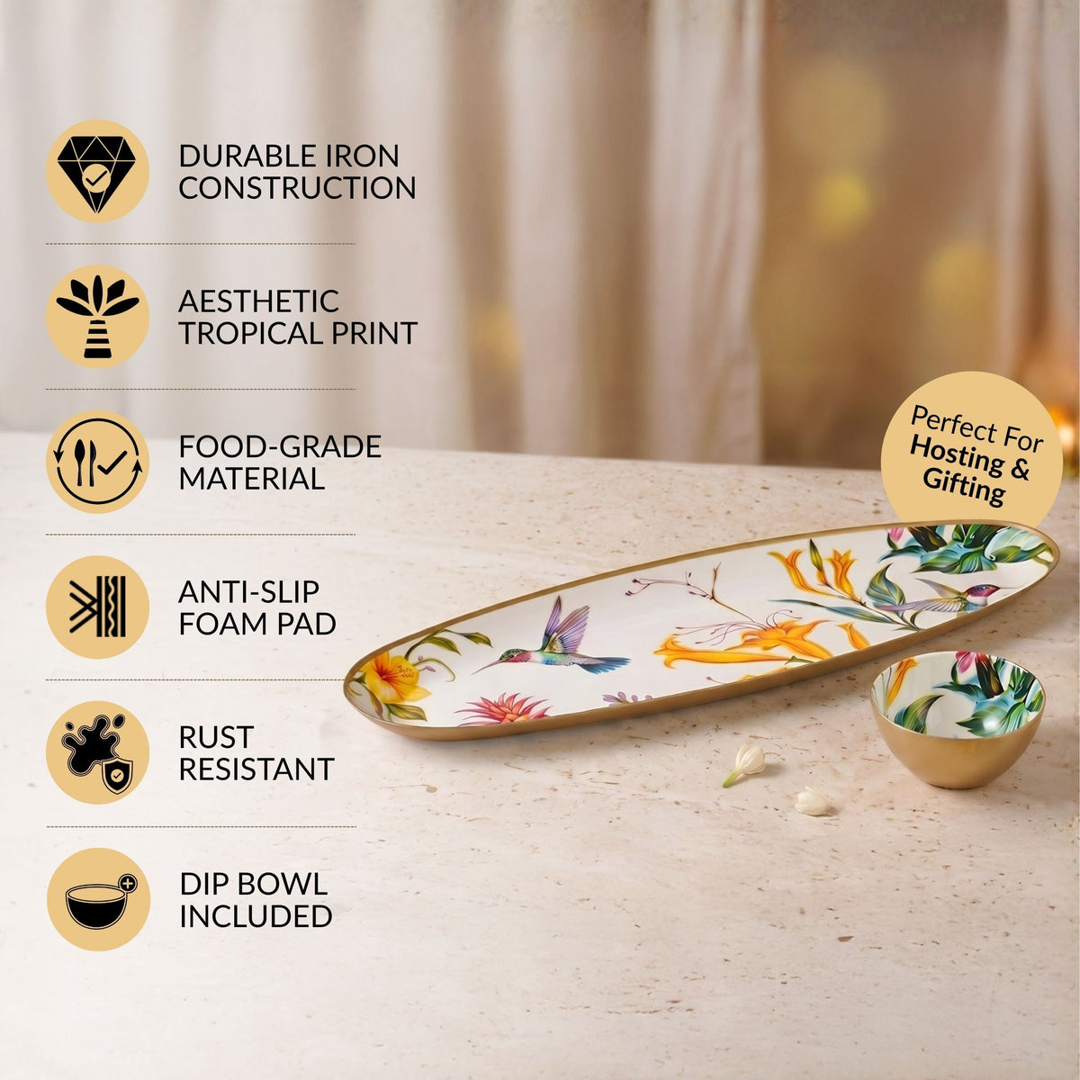 Tropical Long Metal Platter With Dip Bowl Set Of 2 In Gift Box Nestasia