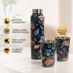 Floral Printed Stainless Steel Bottle And Tumbler Gift Set Of 3 Nestasia