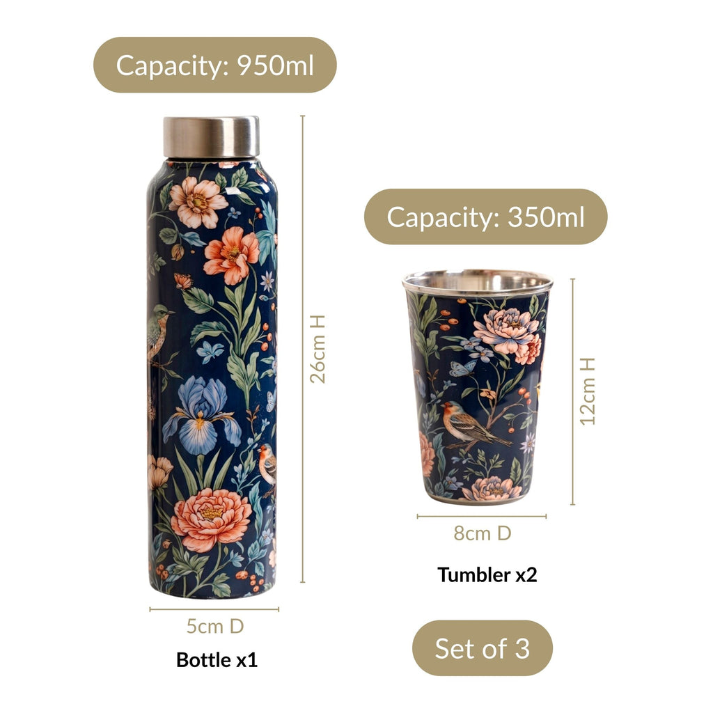 Floral Printed Stainless Steel Bottle And Tumbler Gift Set Of 3 Nestasia
