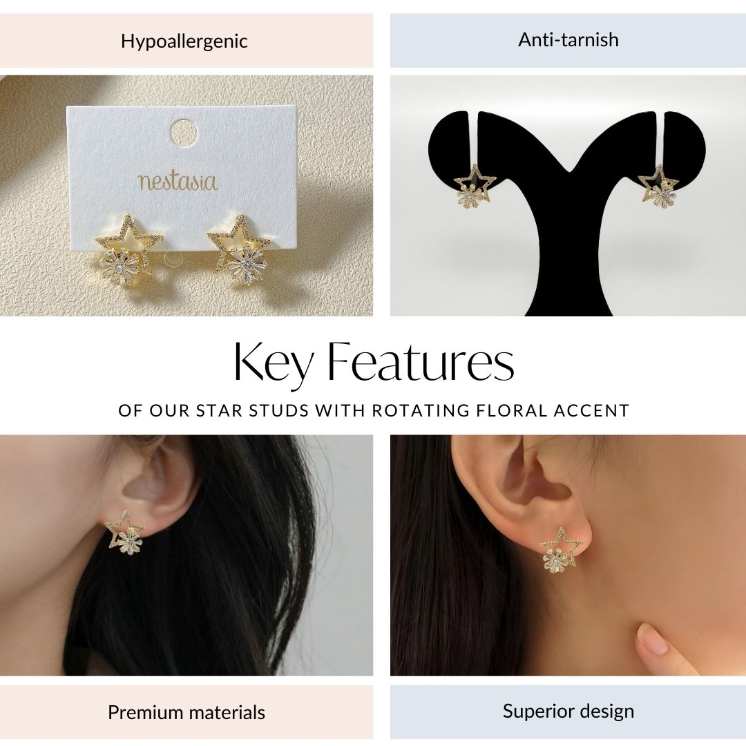 Star Studs With Rotating Floral Accent Nestasia