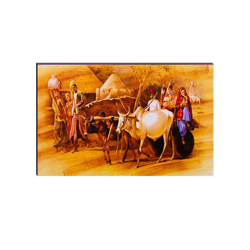 6MM MDF Village View with Cow Cart Satin Matt Texture UV Art Painting Kafalo