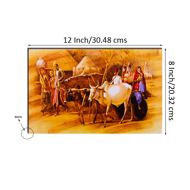 6MM MDF Village View with Cow Cart Satin Matt Texture UV Art Painting Kafalo