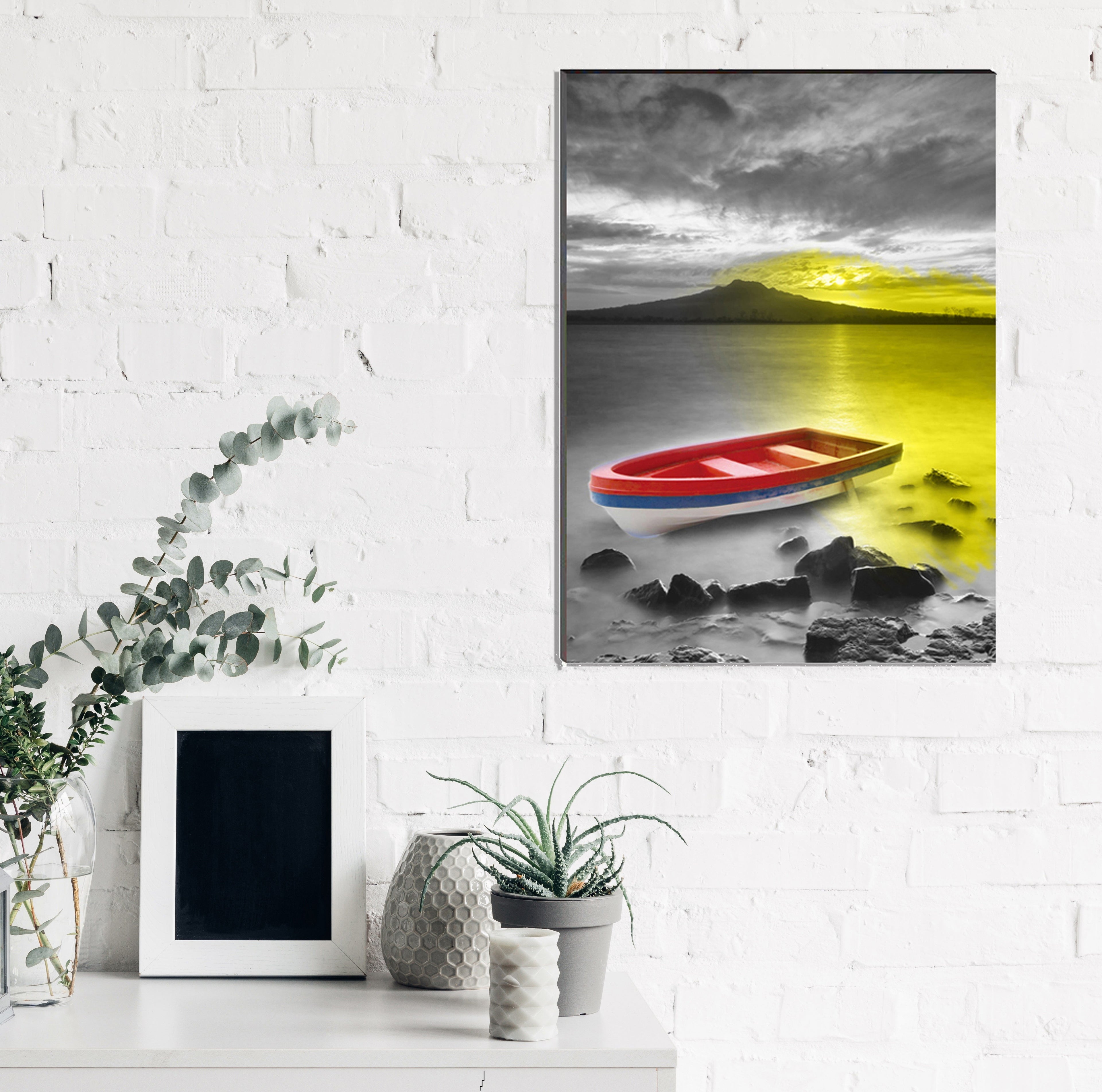 6MM MDF Colorful River Side Parked Boat Satin Matt Texture UV Art Painting Kafalo