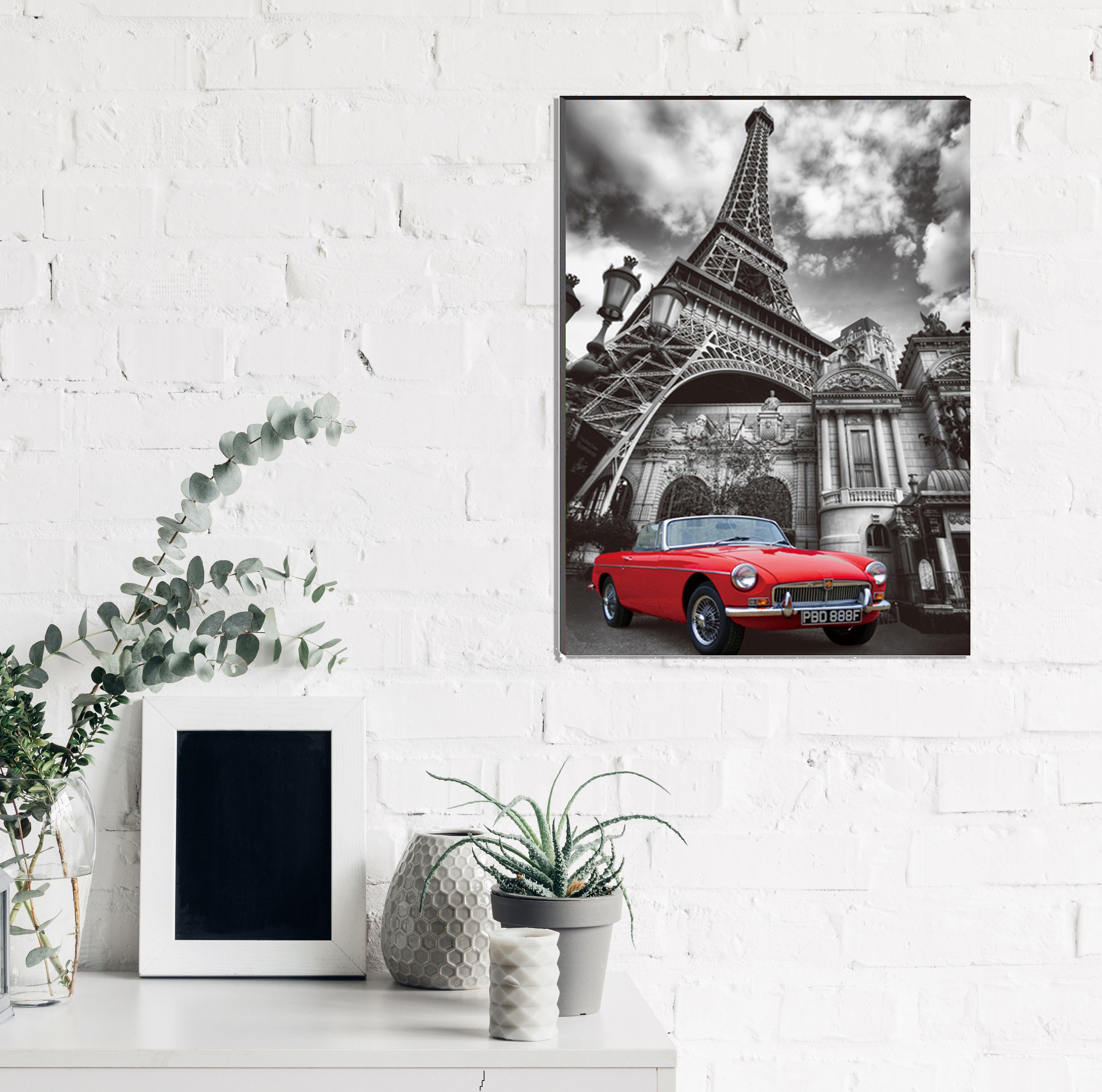 6MM MDF Red Car Underneath Eiffel Tower Satin Matt Texture UV Art Painting Kafalo