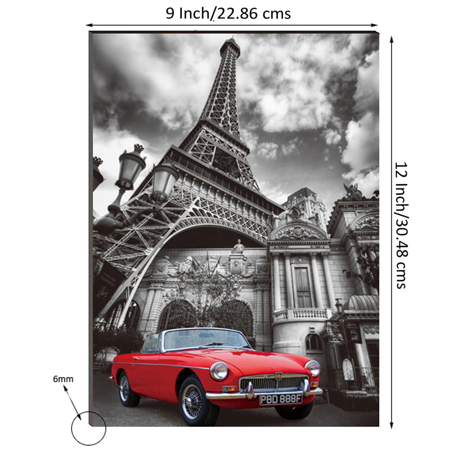 6MM MDF Red Car Underneath Eiffel Tower Satin Matt Texture UV Art Painting Kafalo