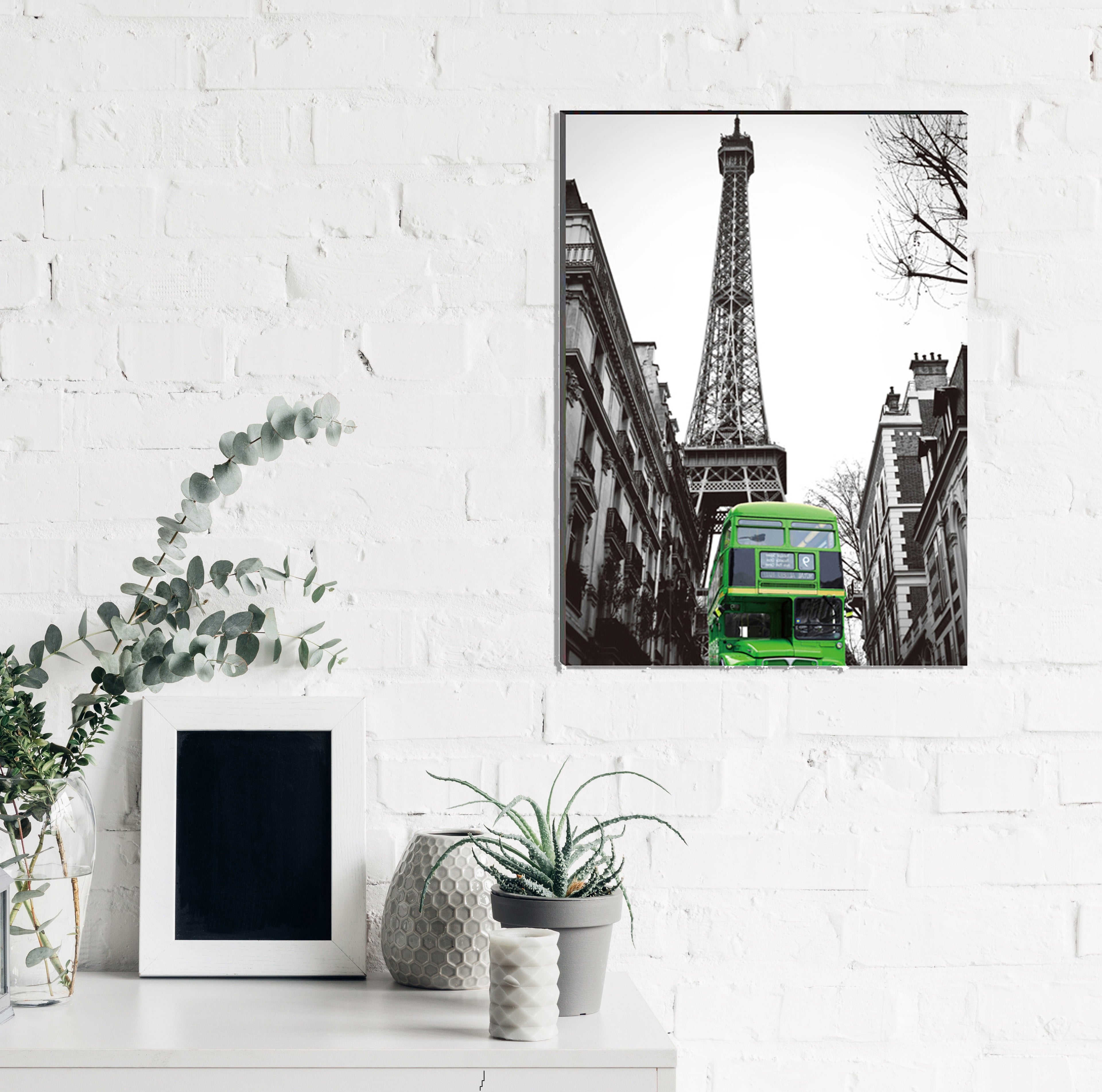 6MM MDF Green Bus Underneath Eiffel Tower Satin Matt Texture UV Art Painting Kafalo