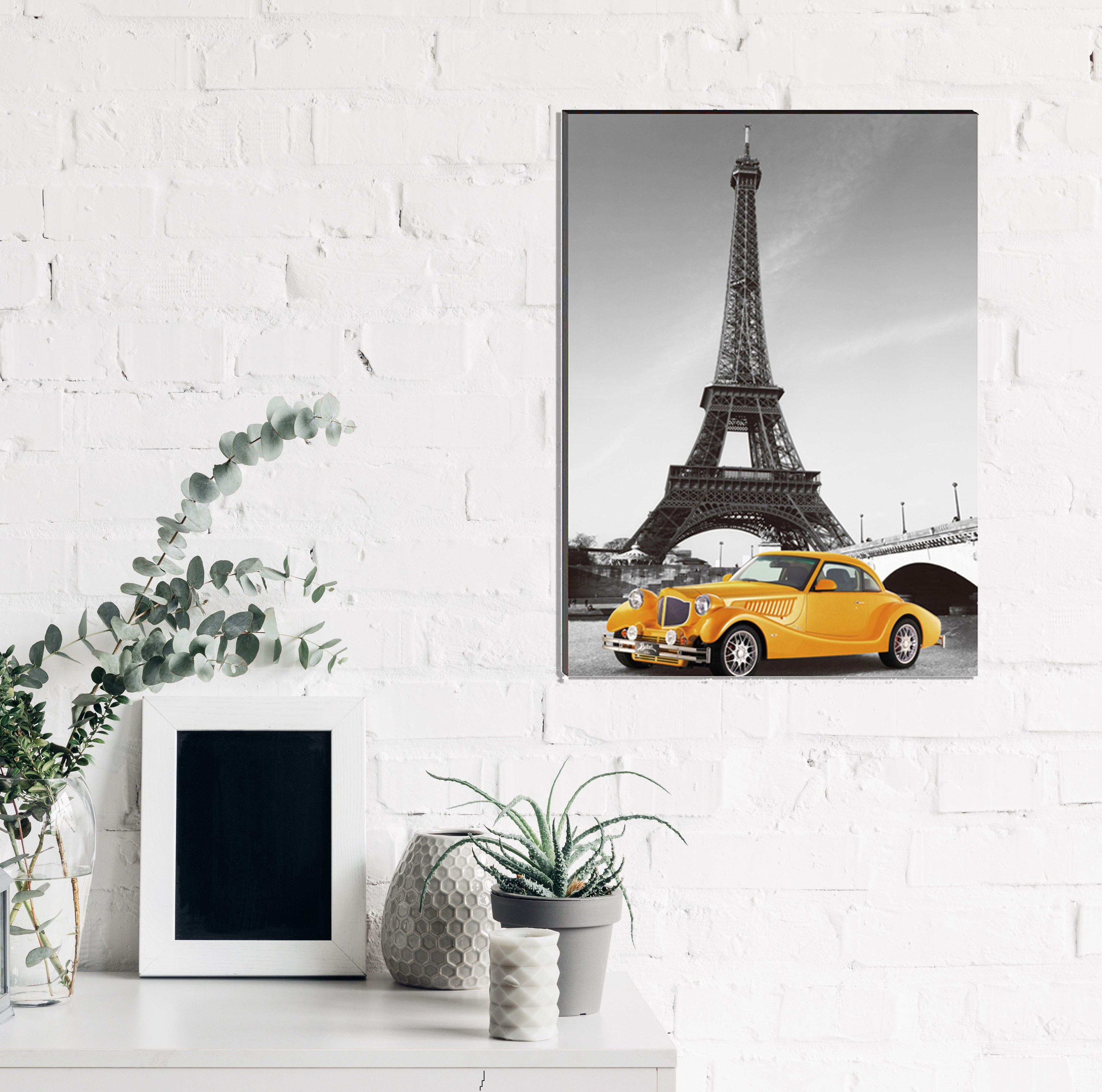 6MM MDF Yellow Car Underneath Eiffel Tower Satin Matt Texture UV Art Painting Kafalo
