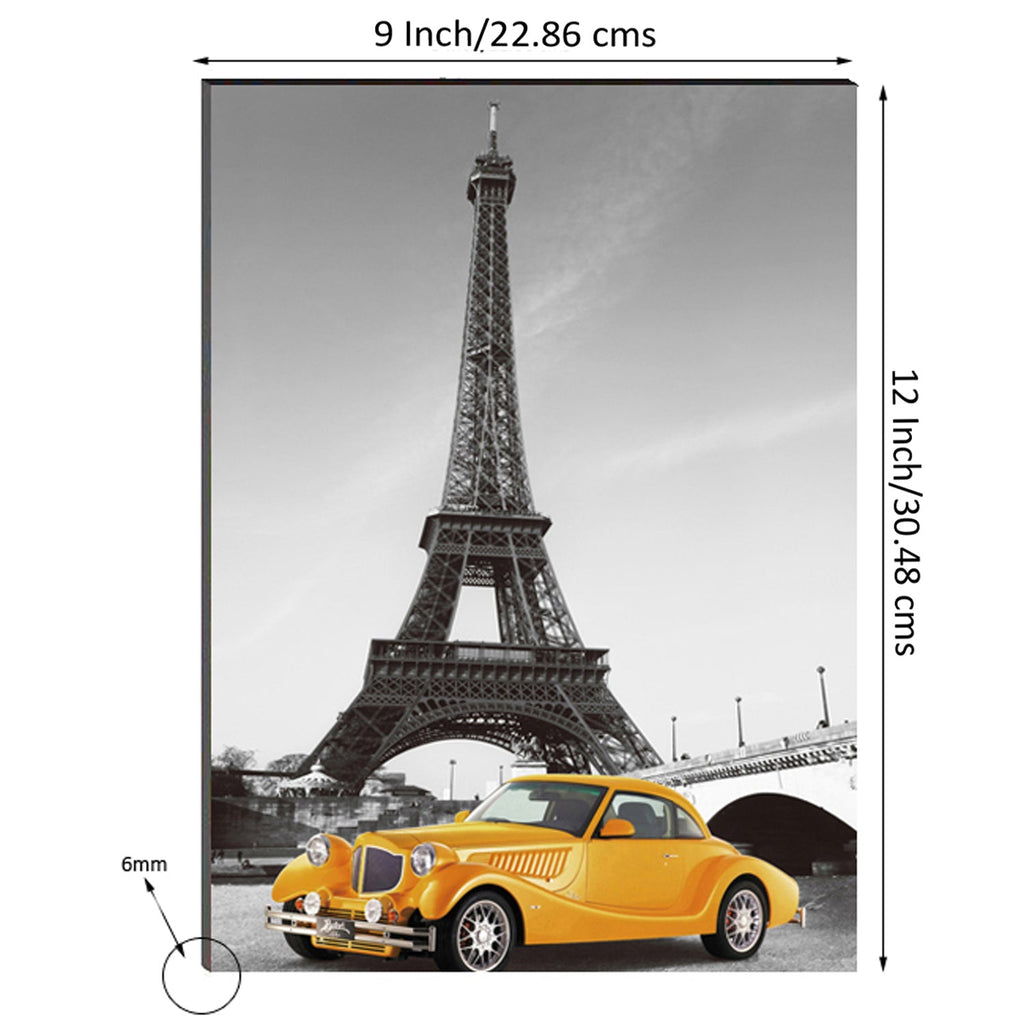 6MM MDF Yellow Car Underneath Eiffel Tower Satin Matt Texture UV Art Painting Kafalo
