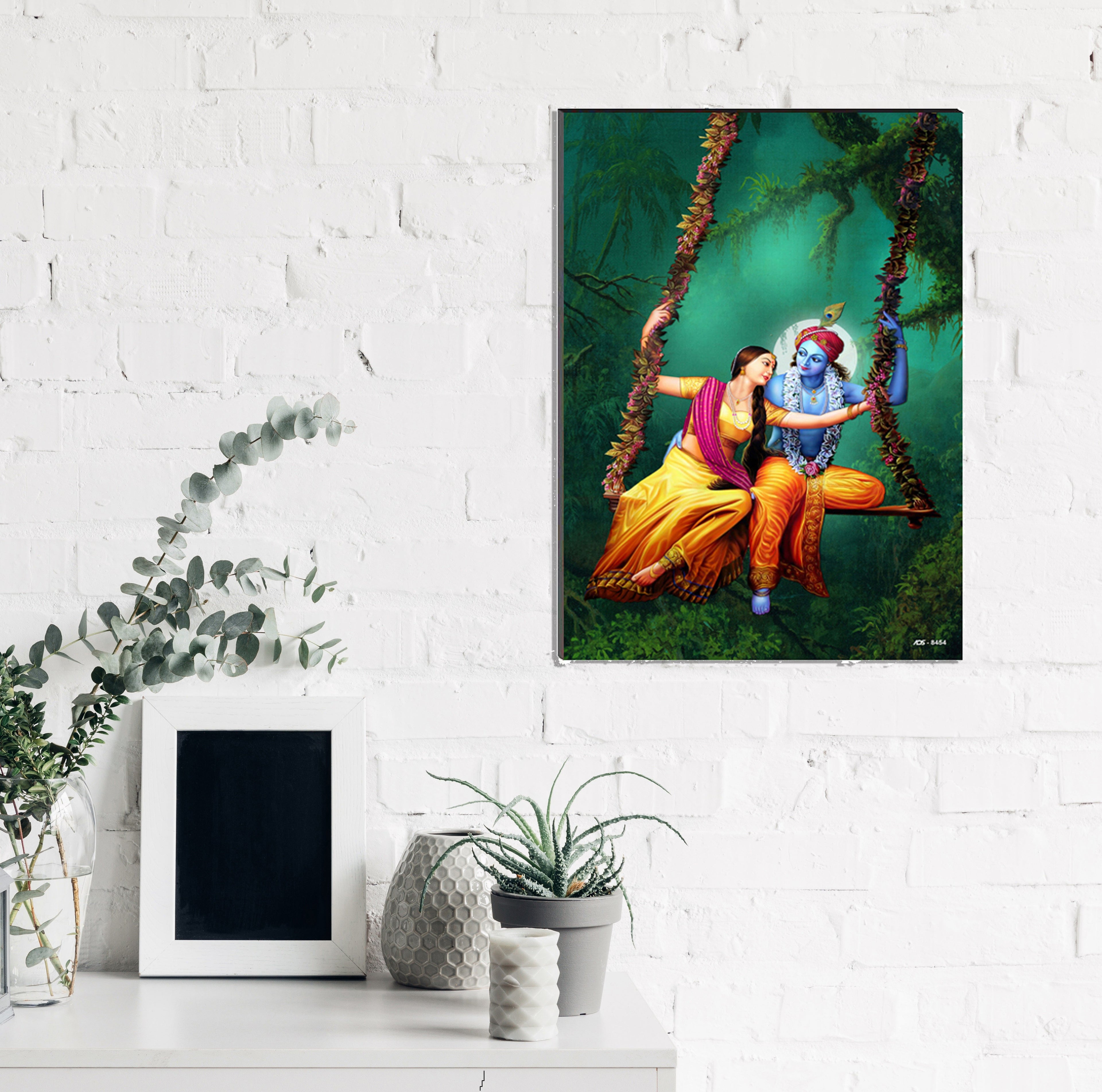 Beautiful Radha Krishna On Swing Wall Painting Digital Printed Religious Art Kafalo