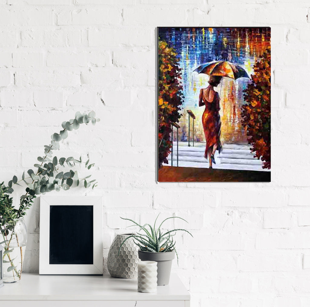6MM MDF Lady with Umbrella in Rain Satin Matt Texture UV Art Painting Kafalo