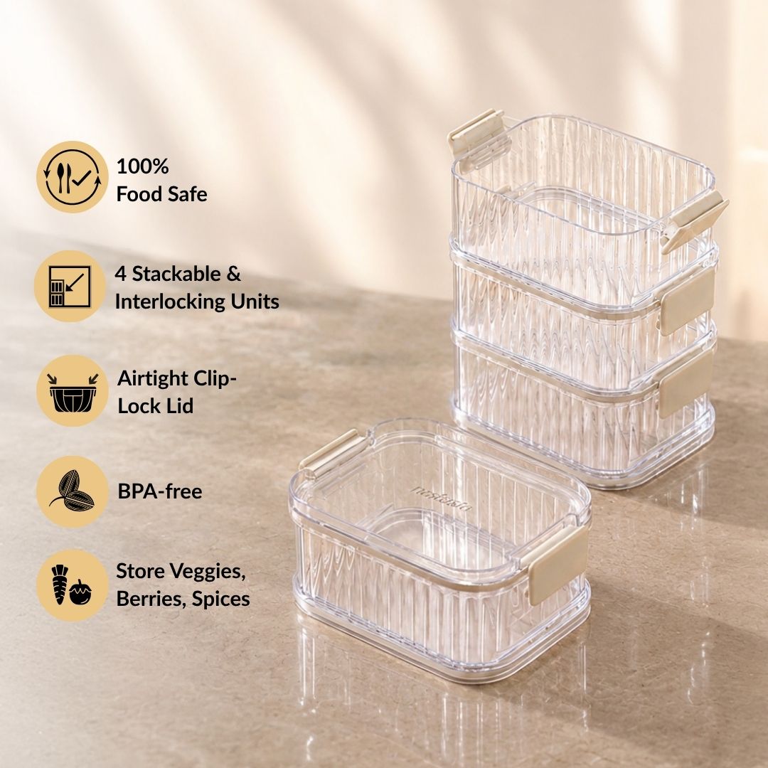 Stackable Pantry Storage Containers With Airtight Clip Lock Lid Set Of 4 1040ml Nestasia