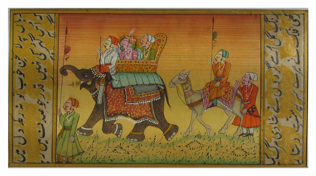 Procession with Elephant and Camel Original Art Paper Painting Kafalo