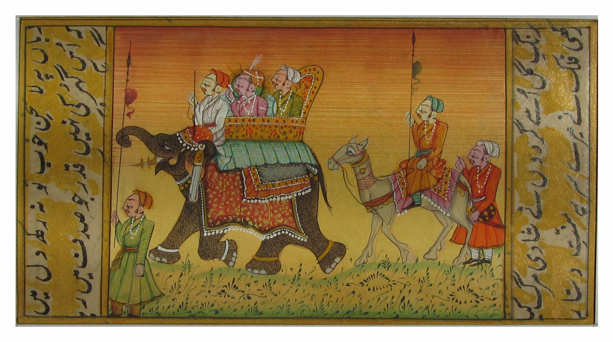 Procession with Elephant and Camel Original Art Paper Painting Kafalo