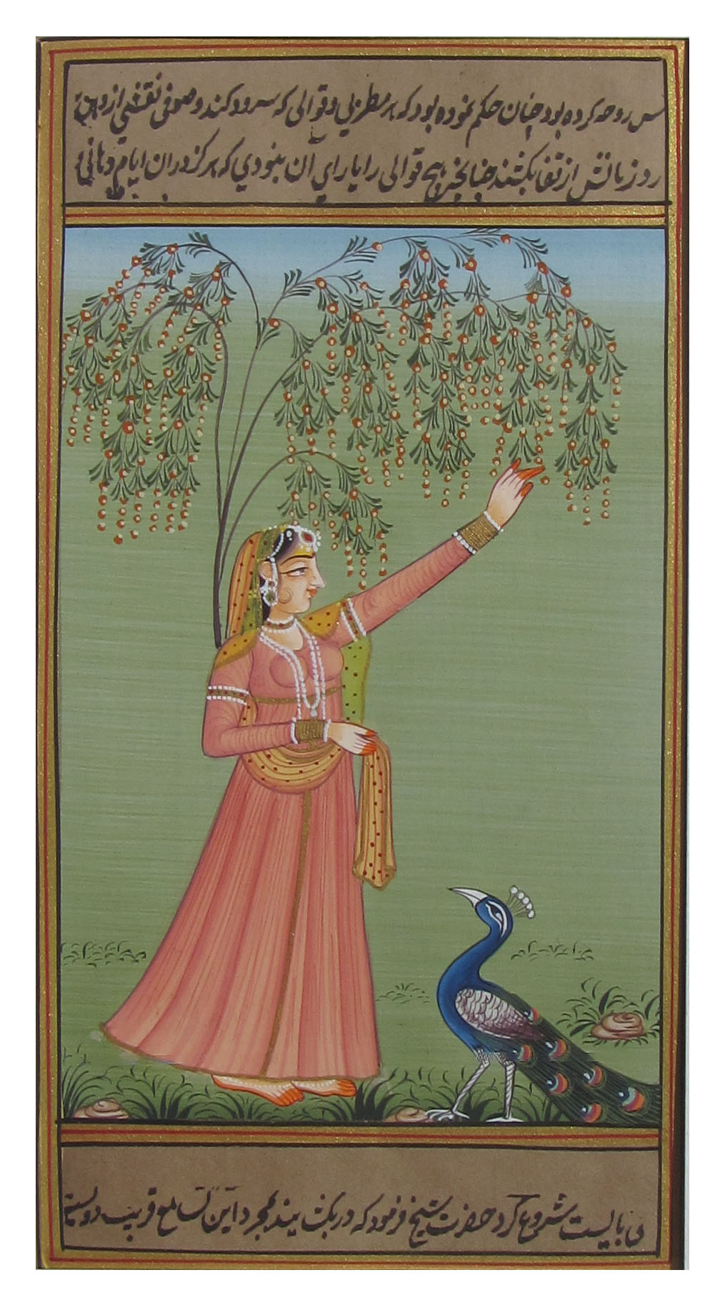 Mughal Queen with Peacock Original Art Paper Painting Kafalo