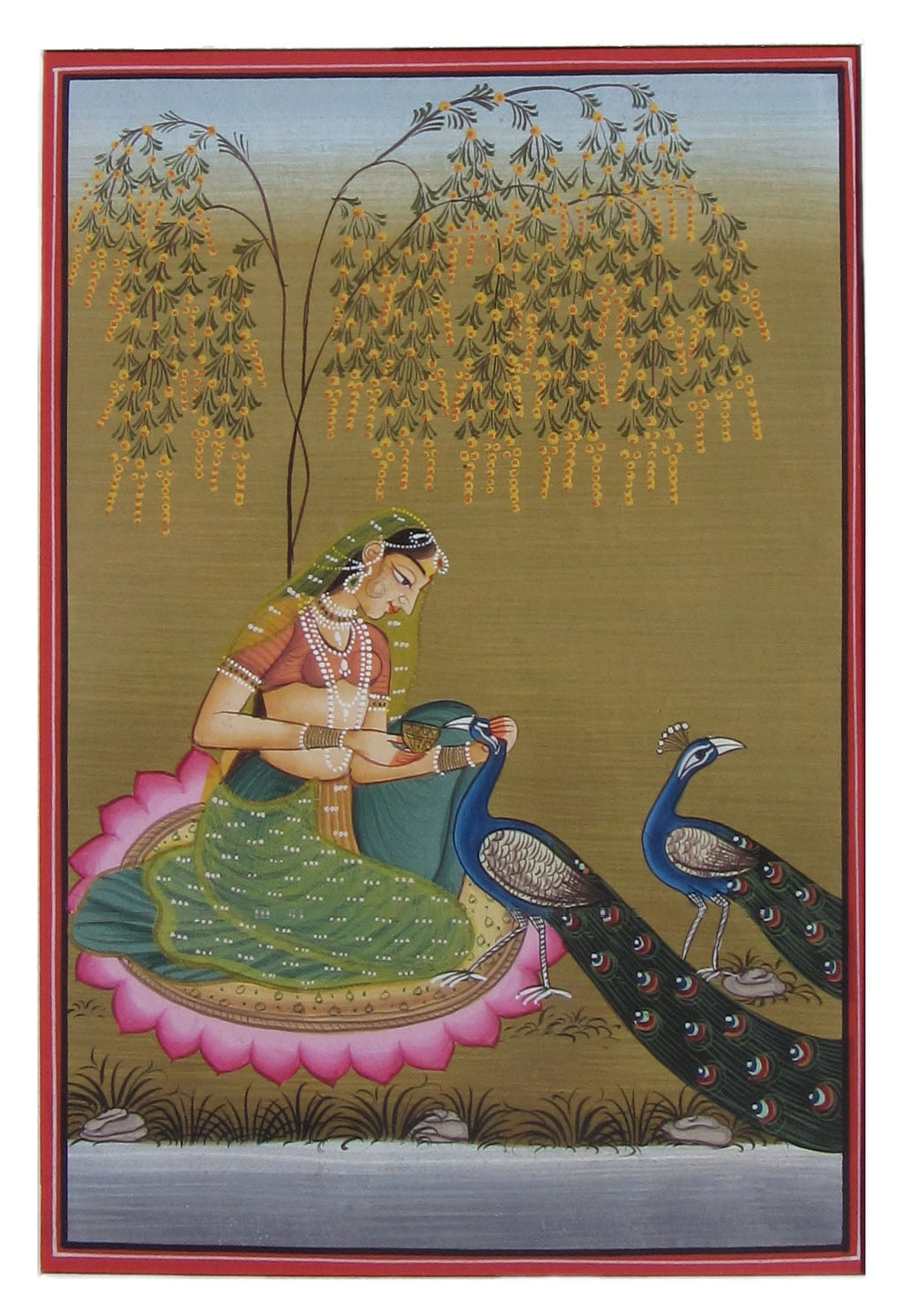 Mughal Queen with Peacocks Original Art Paper Painting Kafalo