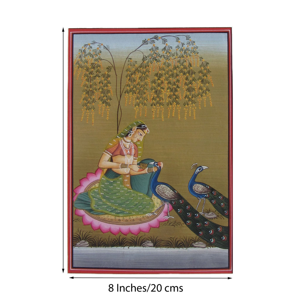 Mughal Queen with Peacocks Original Art Paper Painting Kafalo