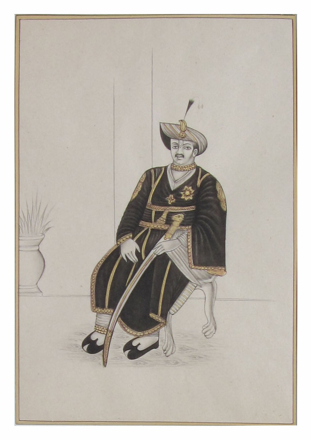 Nawab with Sword on Throne Original Art Paper Painting Kafalo