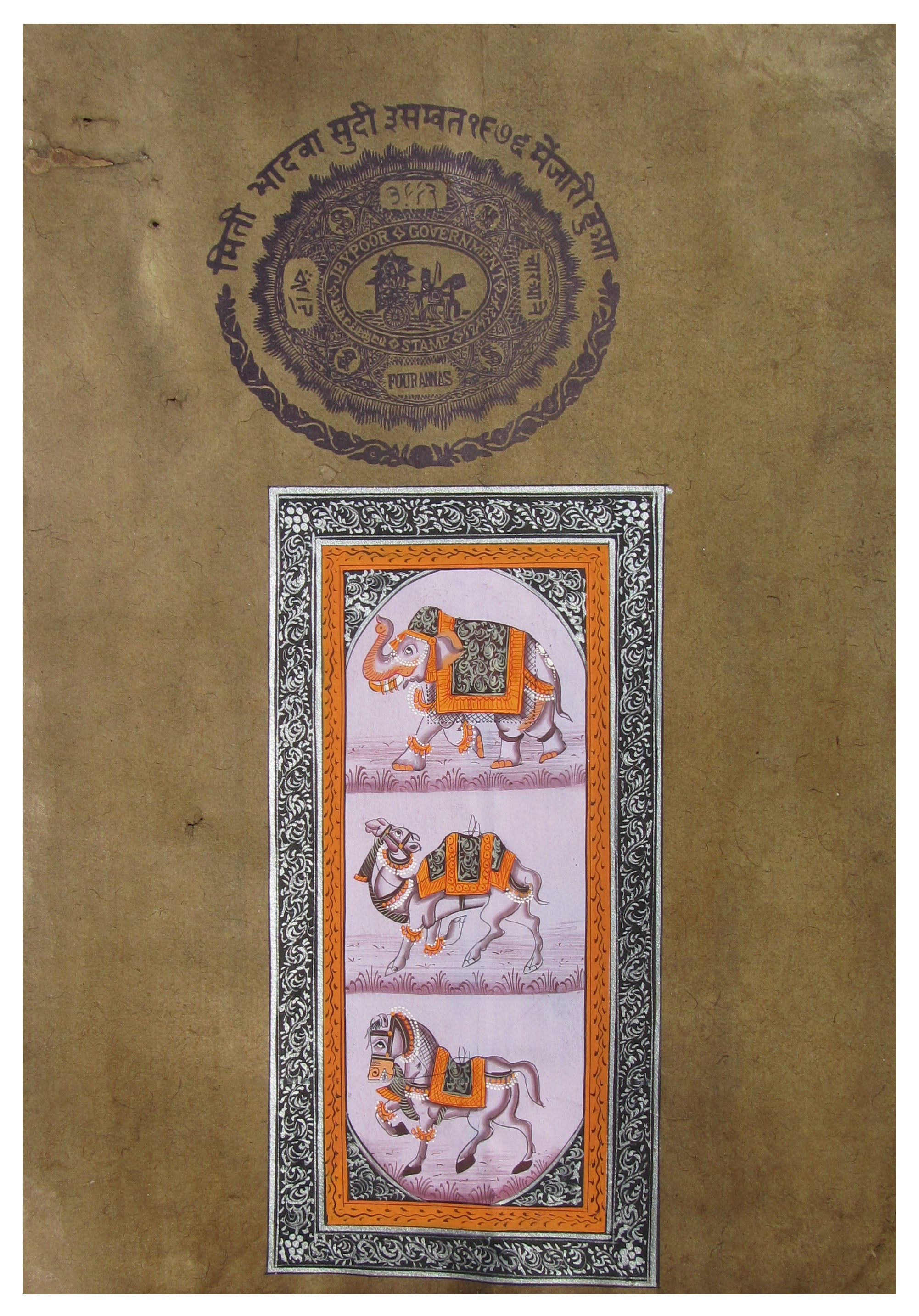Handmade Elephant Camel Horse Painting on Vintage Stamp Paper Original Art Paper Painting Kafalo