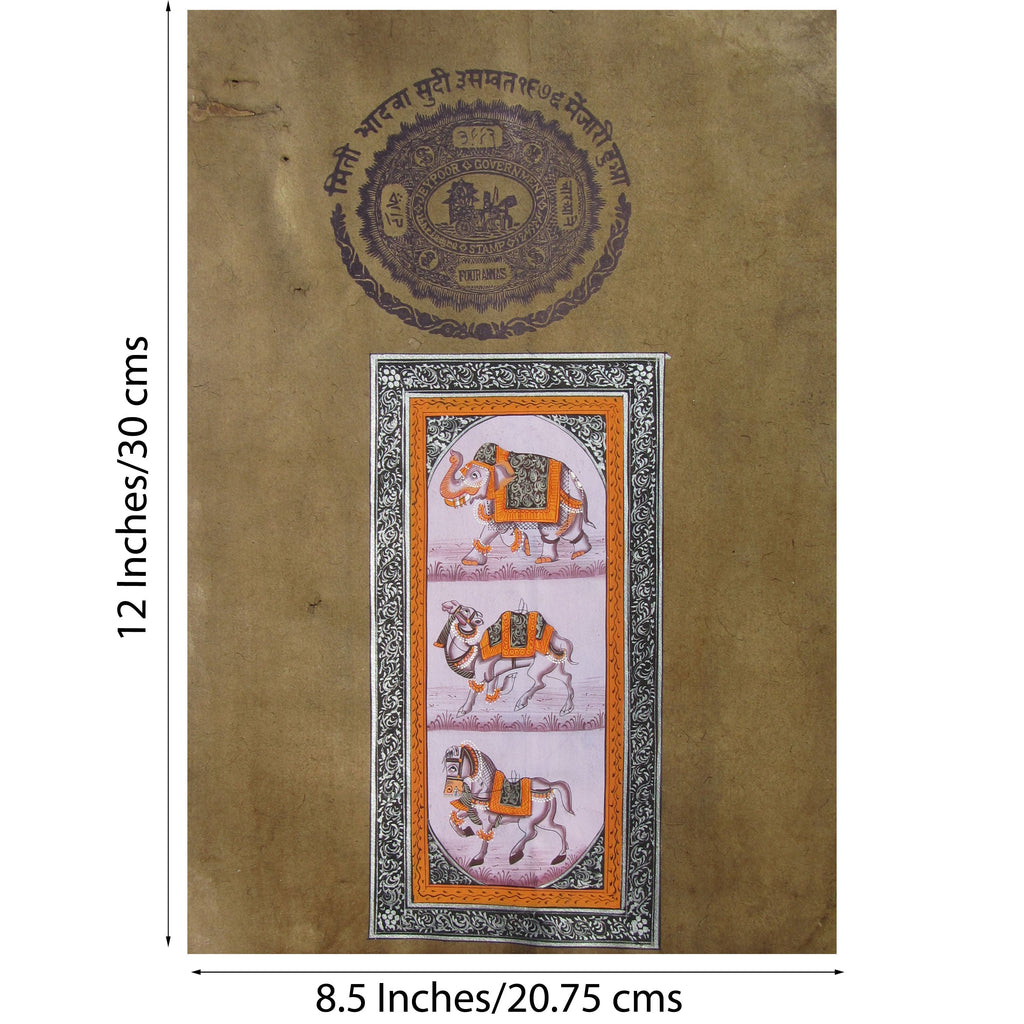 Handmade Elephant Camel Horse Painting on Vintage Stamp Paper Original Art Paper Painting Kafalo