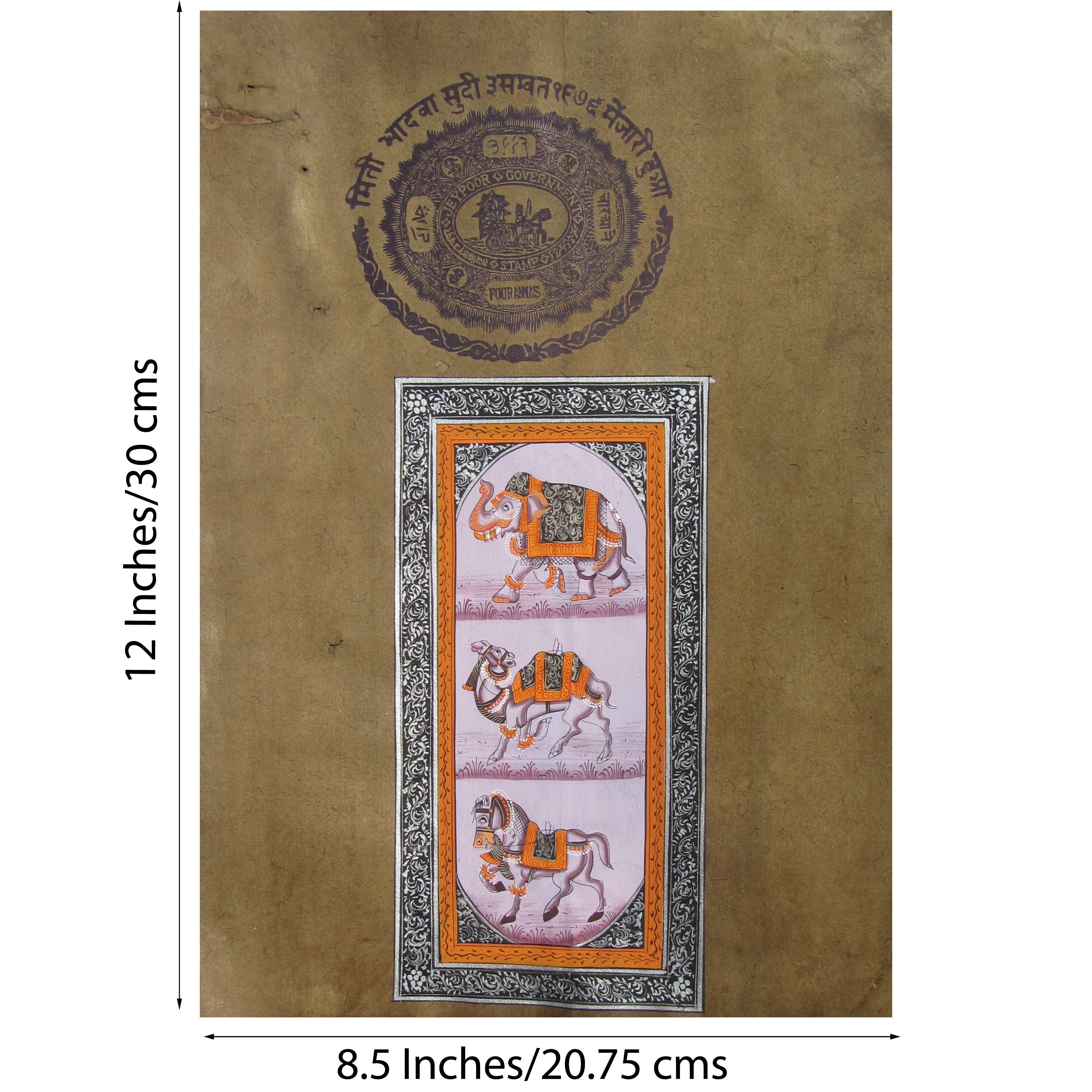 Handmade Elephant Camel Horse Painting on Vintage Stamp Paper Original Art Paper Painting Kafalo