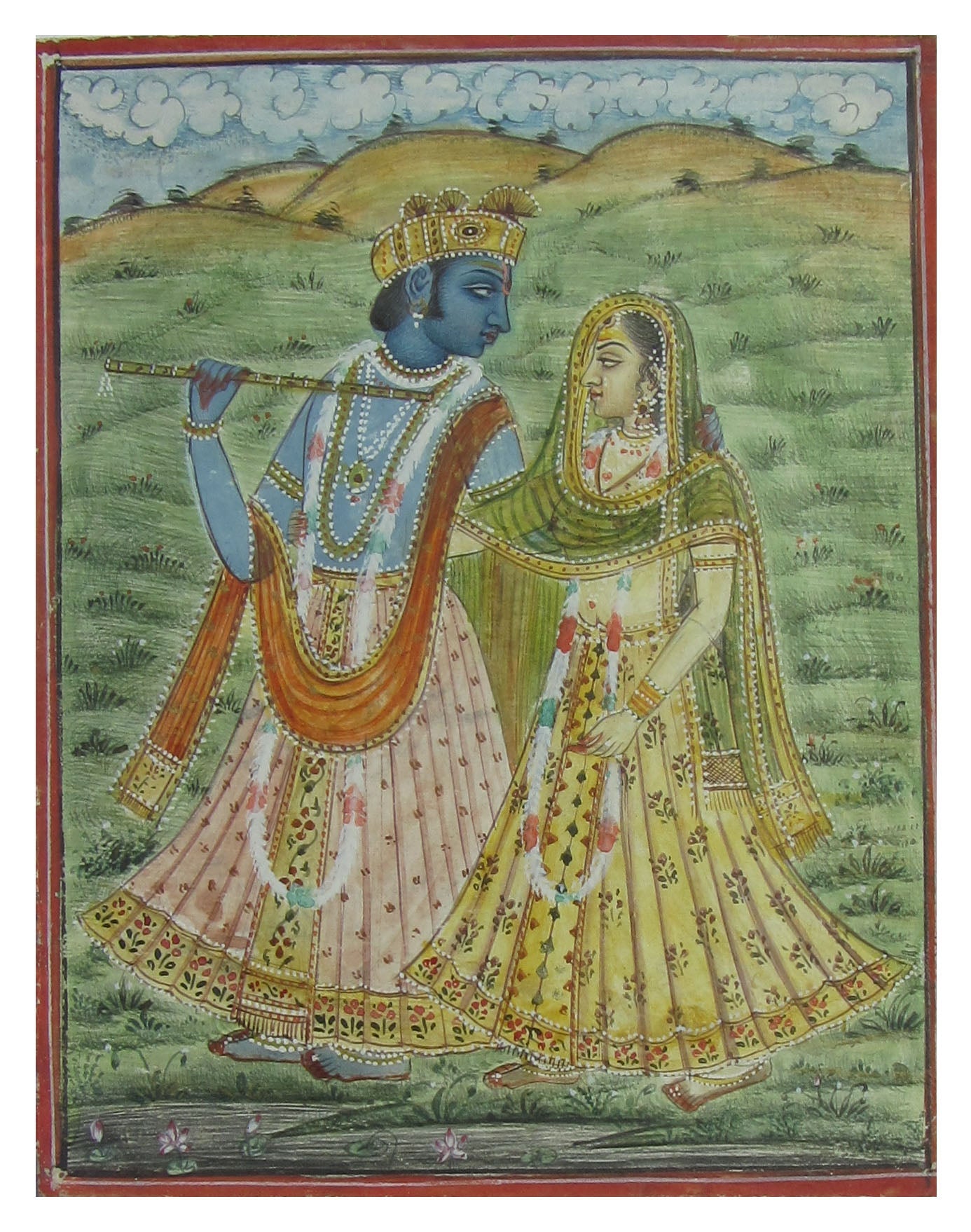 Krishna Playing Flute with Radha Original Art Paper Painting Kafalo
