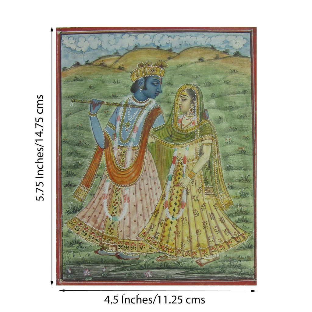 Krishna Playing Flute with Radha Original Art Paper Painting Kafalo