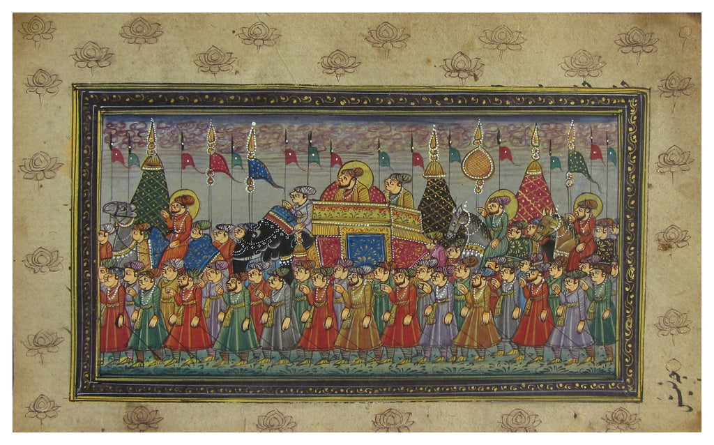 Mughal King on Elephant with Army Original Art Paper Painting Kafalo