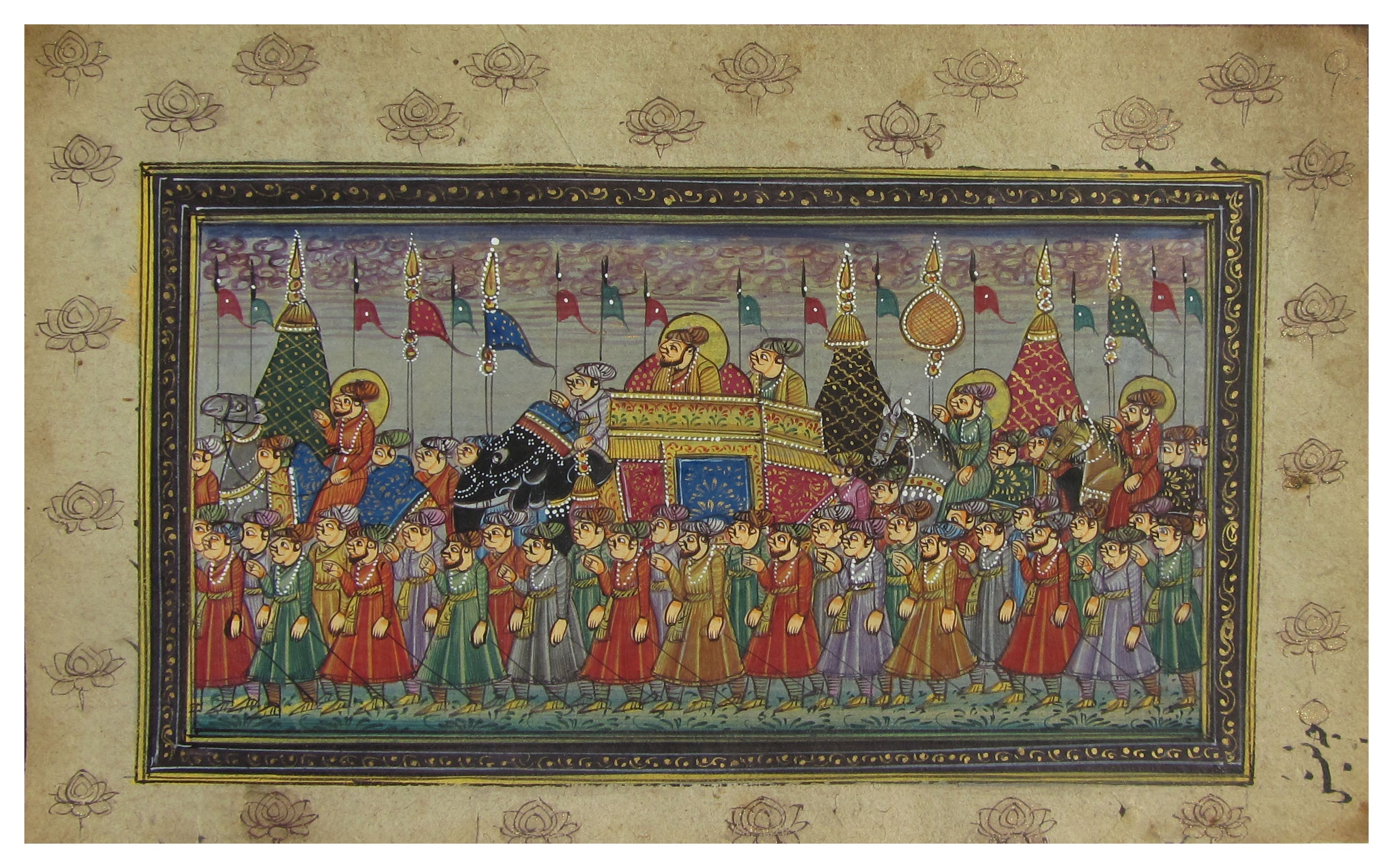 Mughal King on Elephant with Army Original Art Paper Painting Kafalo