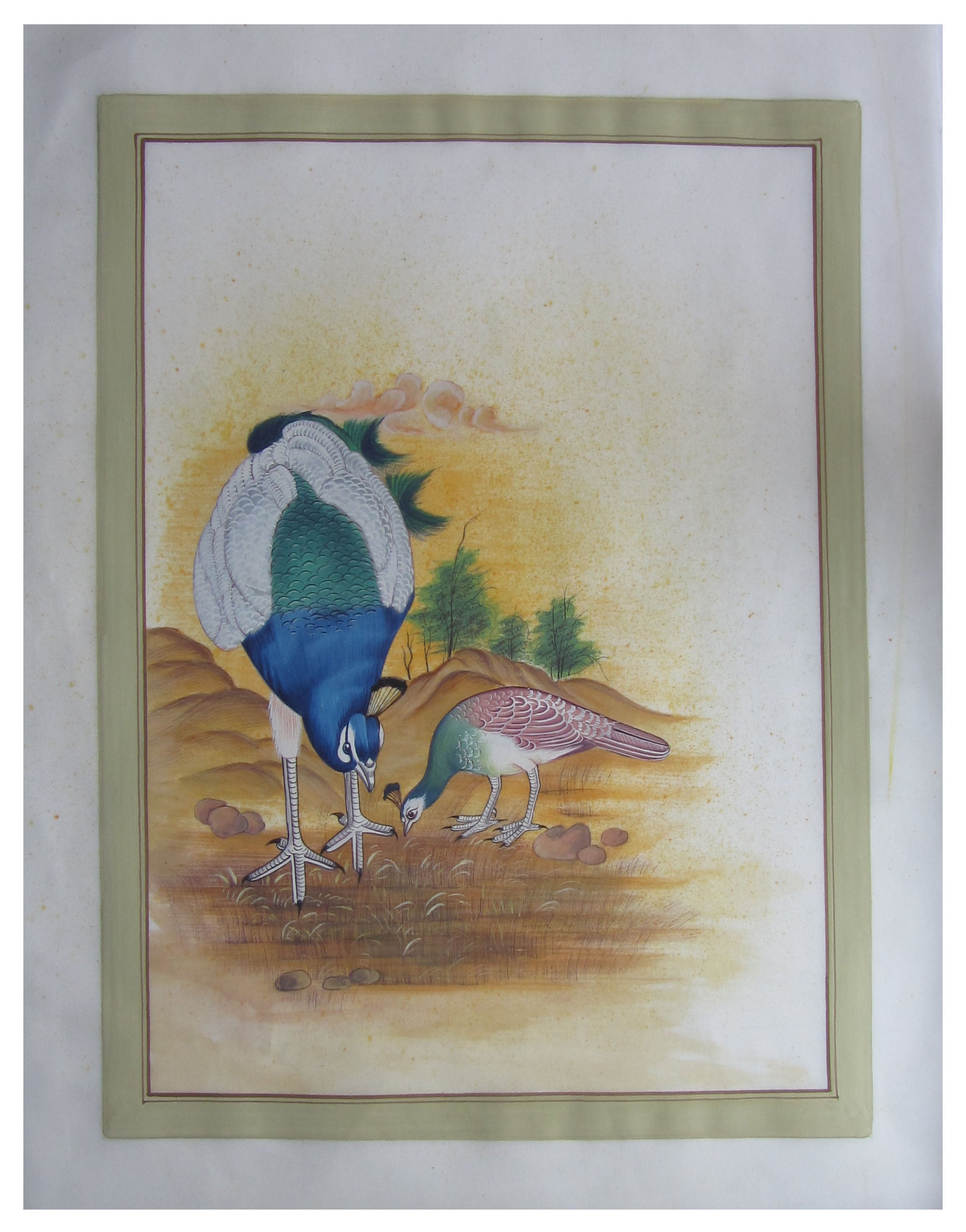 Miniature Peacock's Peahen Original Art Silk Painting Kafalo