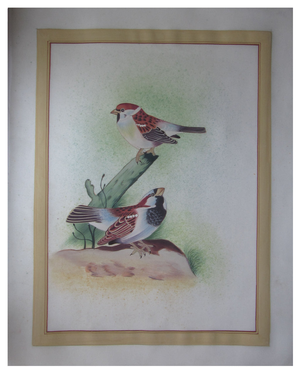 Miniature Brown Sparrows Original Art Silk Painting Kafalo
