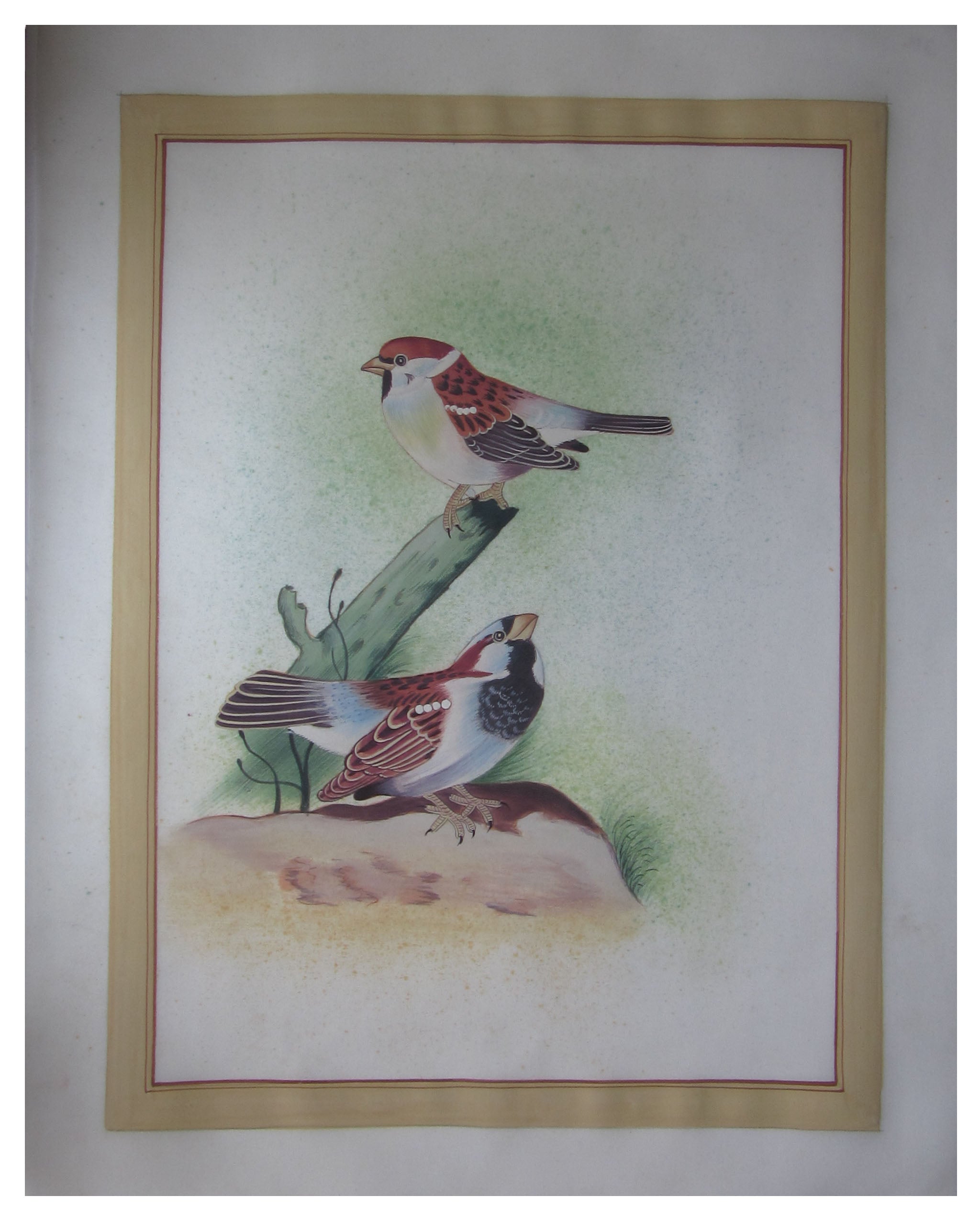 Miniature Brown Sparrows Original Art Silk Painting Kafalo