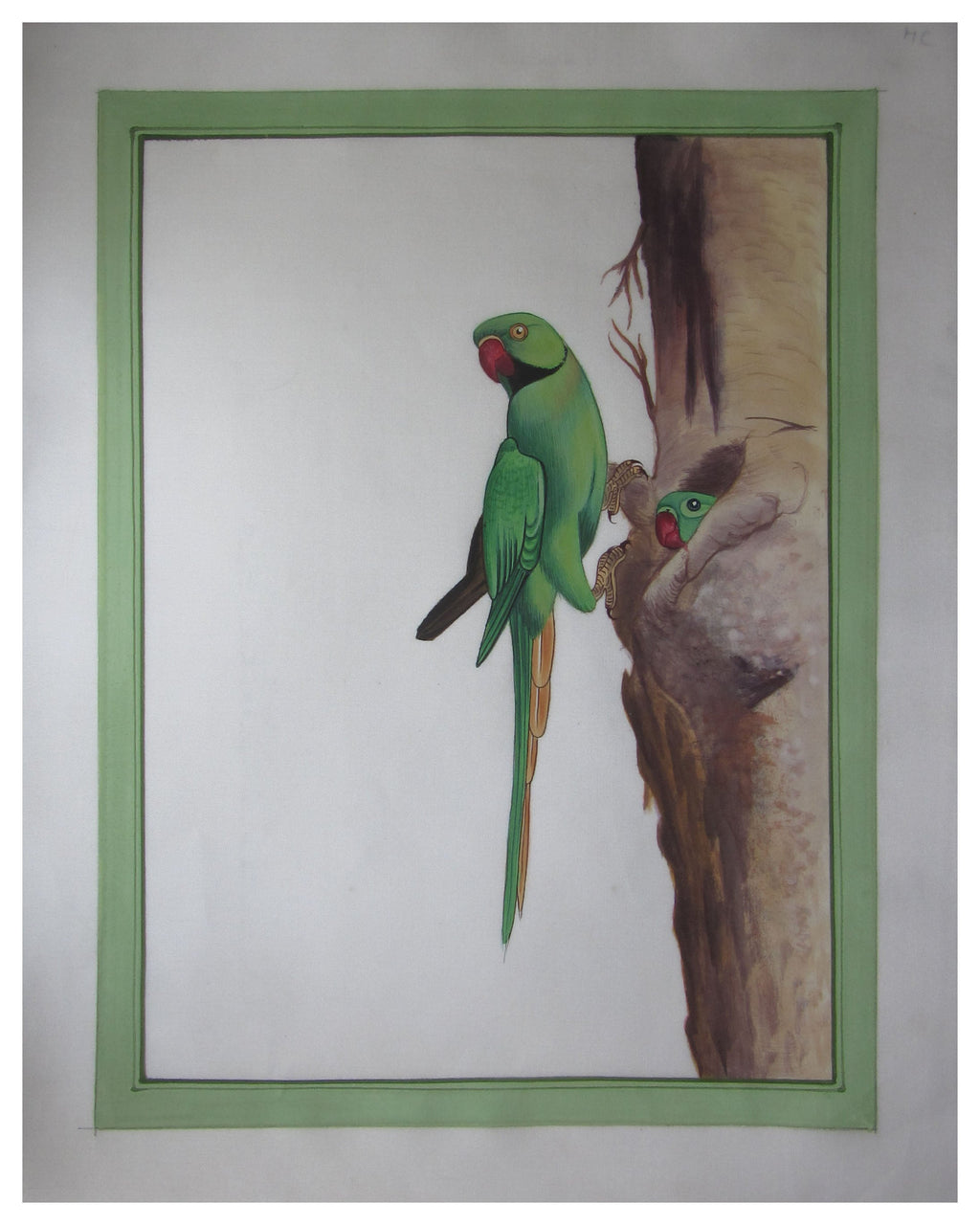 Miniature Green Parrots Original Art Silk Painting Kafalo