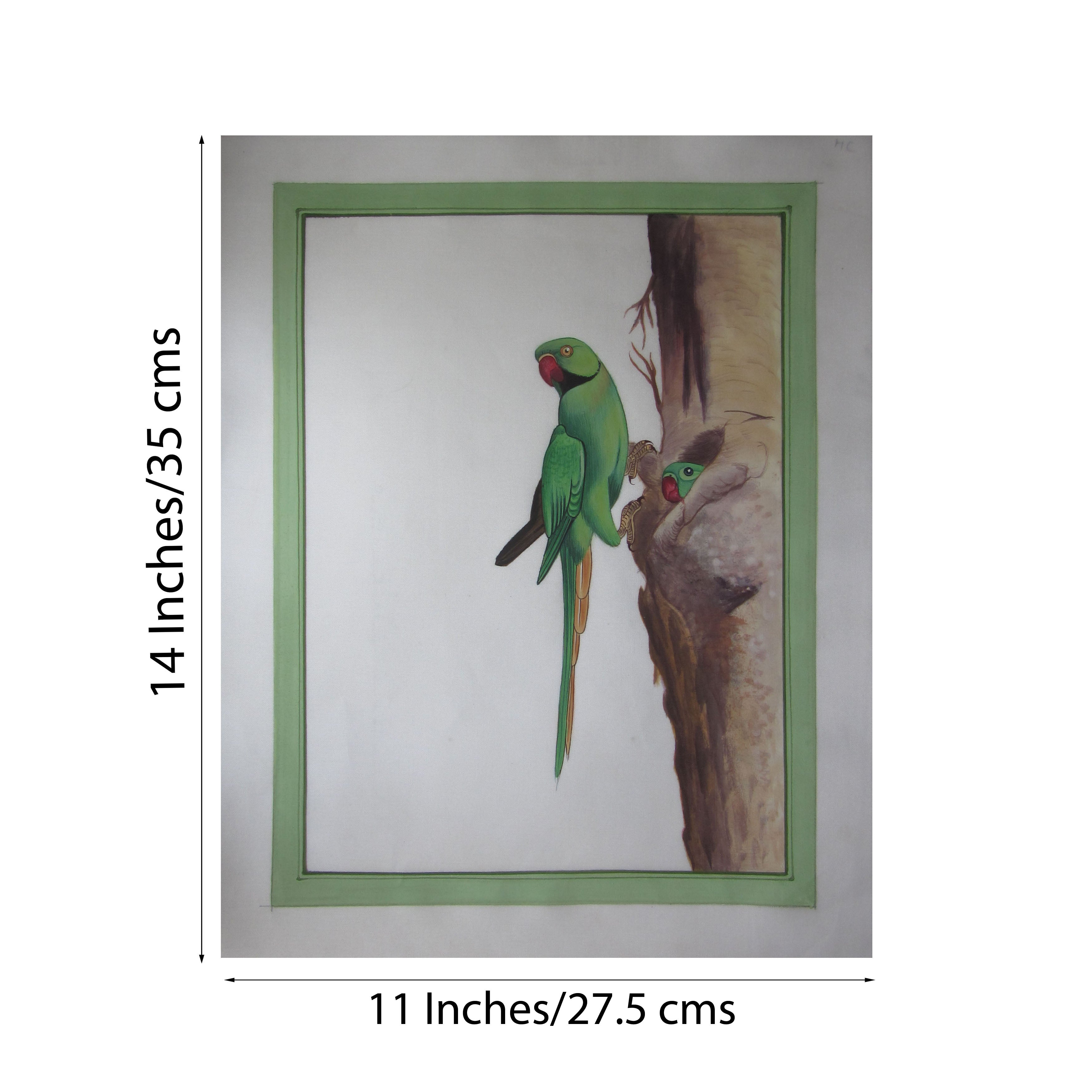 Miniature Green Parrots Original Art Silk Painting Kafalo