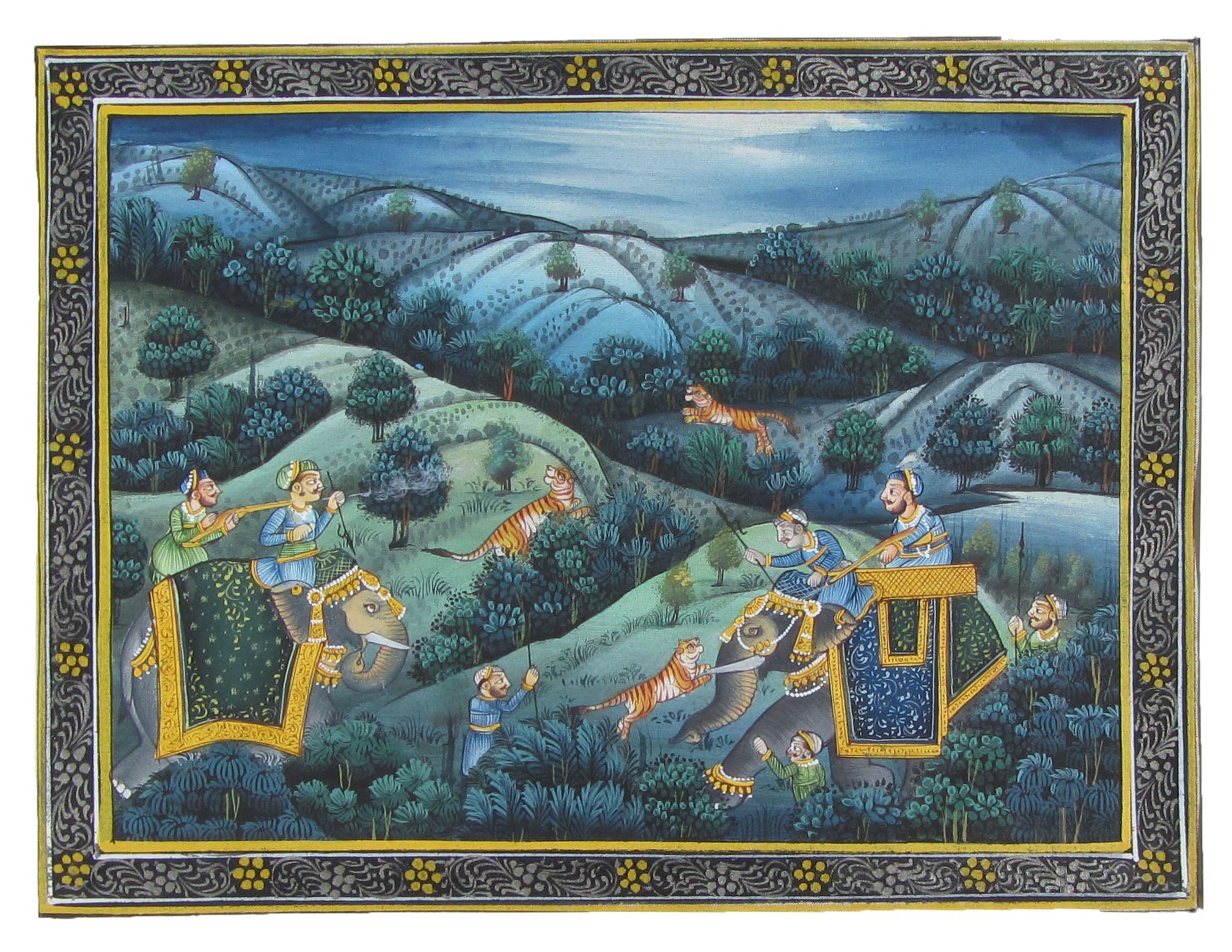 Mughals Hunting Lions Original Art Silk Miniature Painting Kafalo