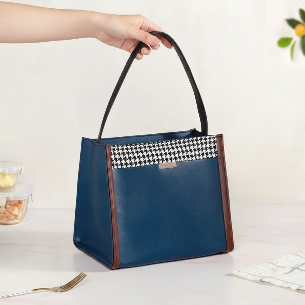 PackEase Houndstooth Pattern Stylish Lunch Bag For Work Blue Nestasia