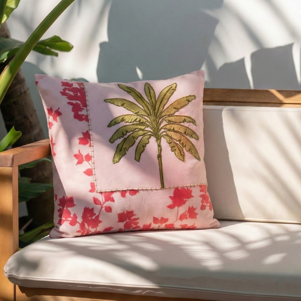 Palm And Charm Embroidered Cotton Cushion Cover 40x40cm Nestasia