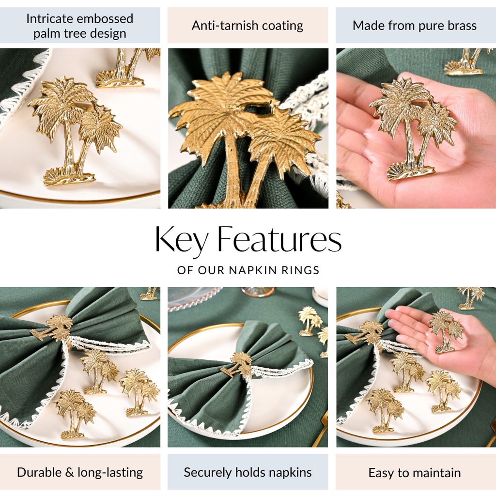 Palm Tree Pure Brass Napkin Ring Set Of 6 Nestasia