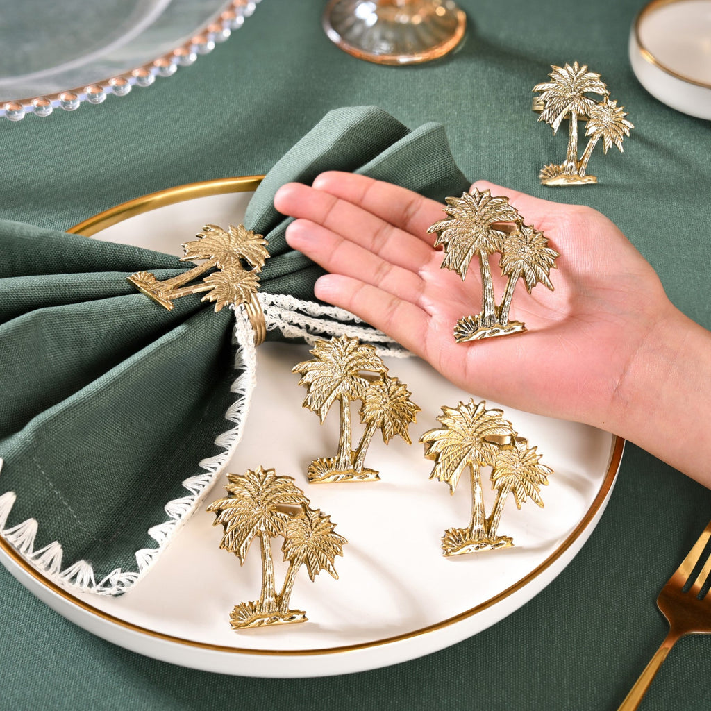 Palm Tree Pure Brass Napkin Ring Set Of 6 Nestasia