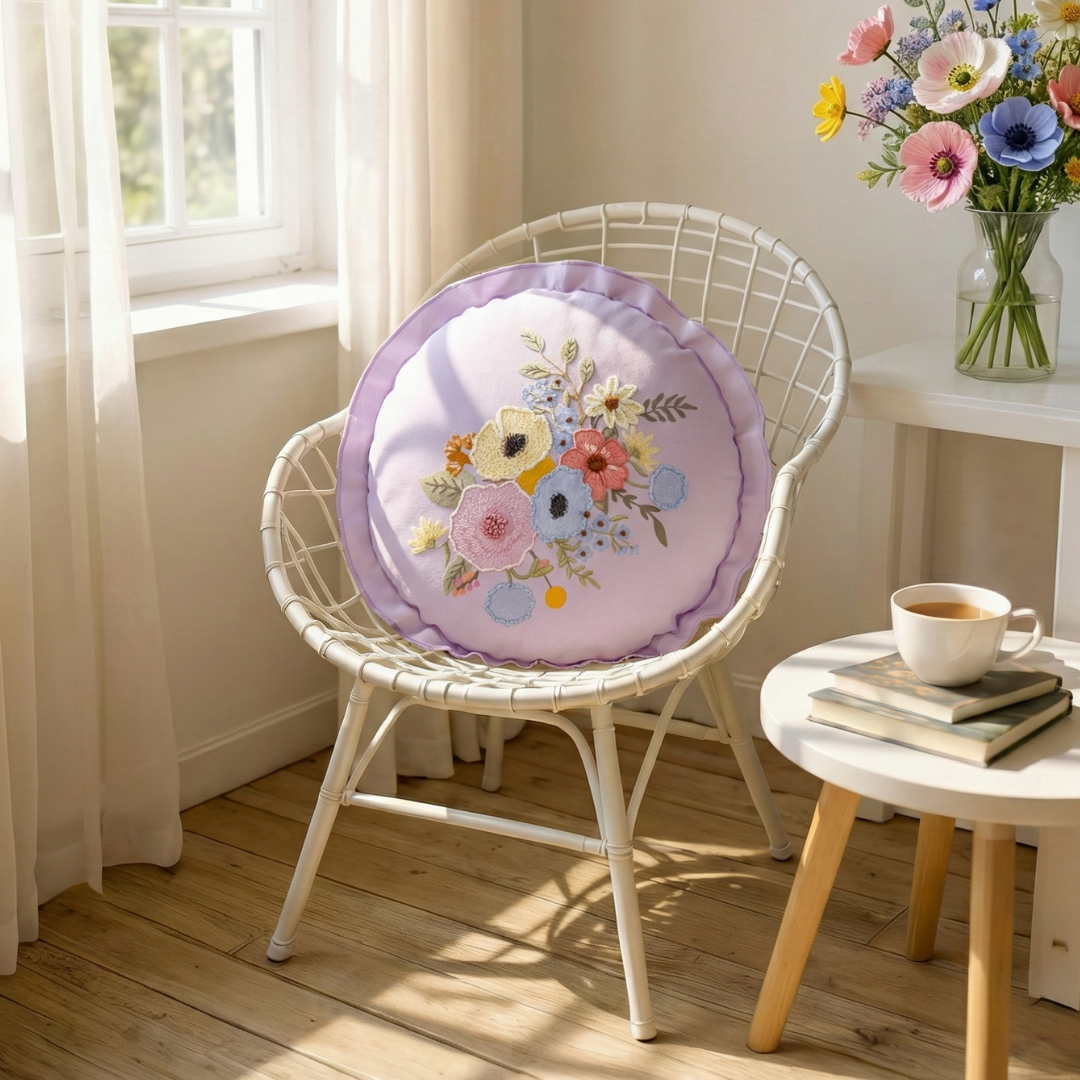 Pastel Petals Embroidered Cotton Cushion Cover 45cm Nestasia