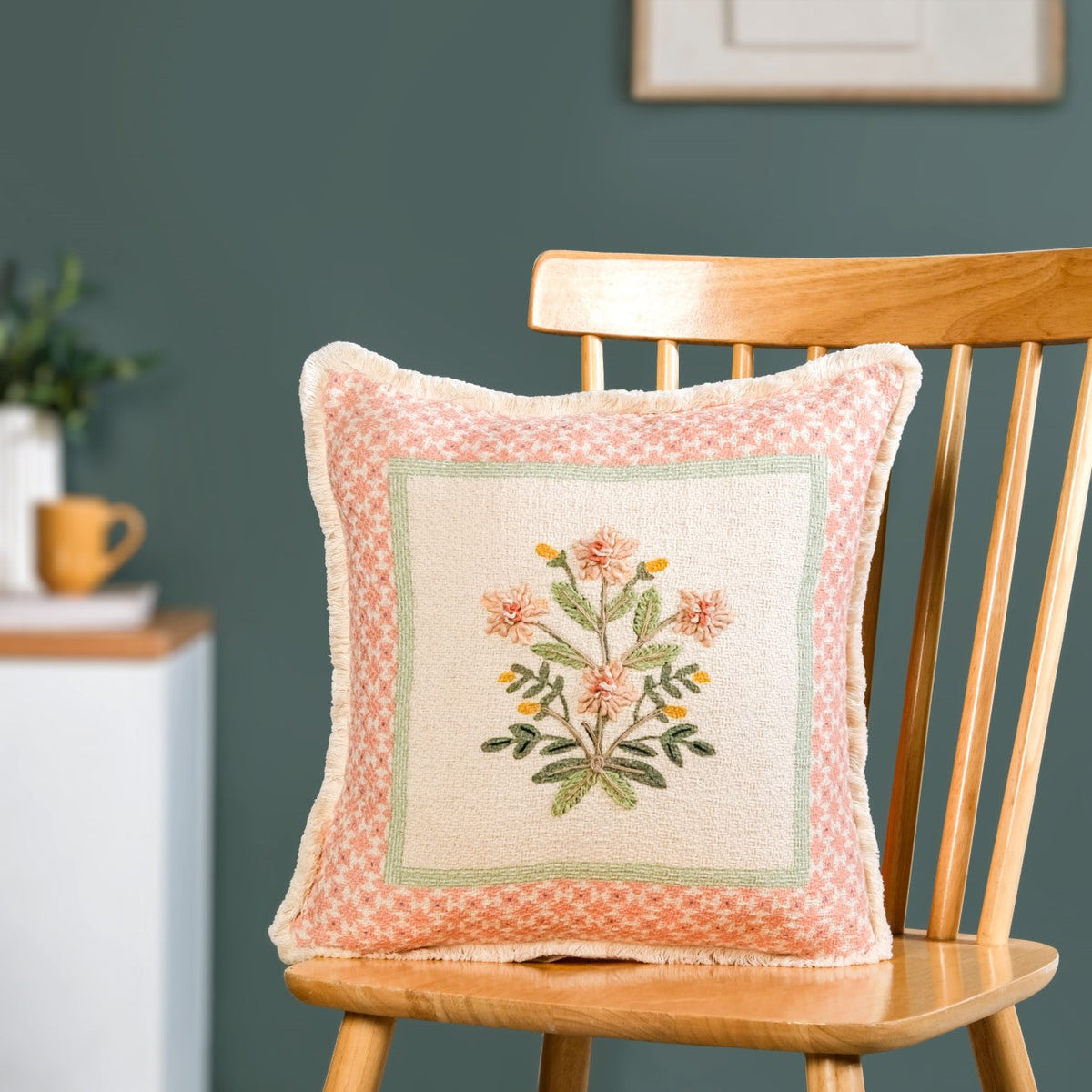 Pastel Peach Embroidered Cotton Cushion Cover 40x40cm Nestasia
