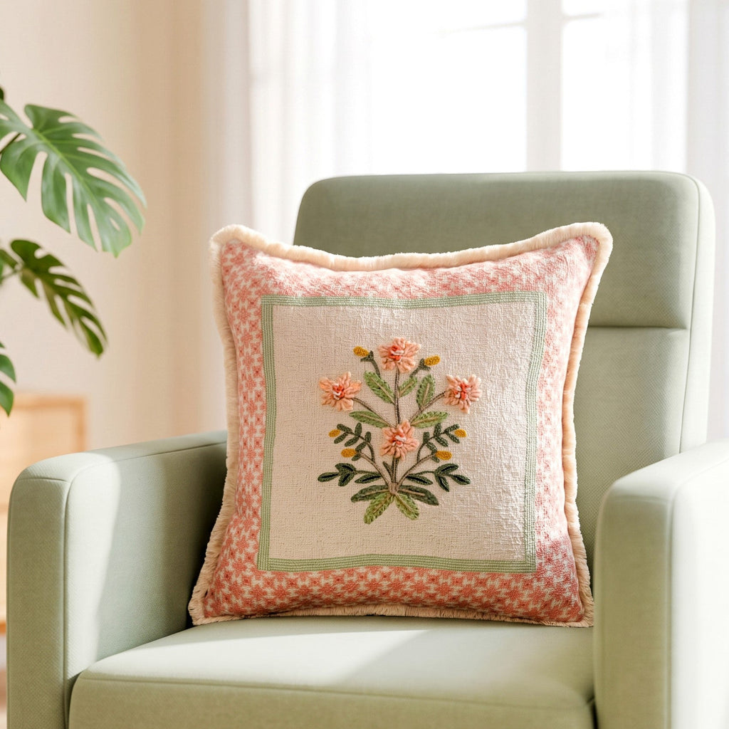 Pastel Peach Embroidered Cotton Cushion Cover 40x40cm Nestasia