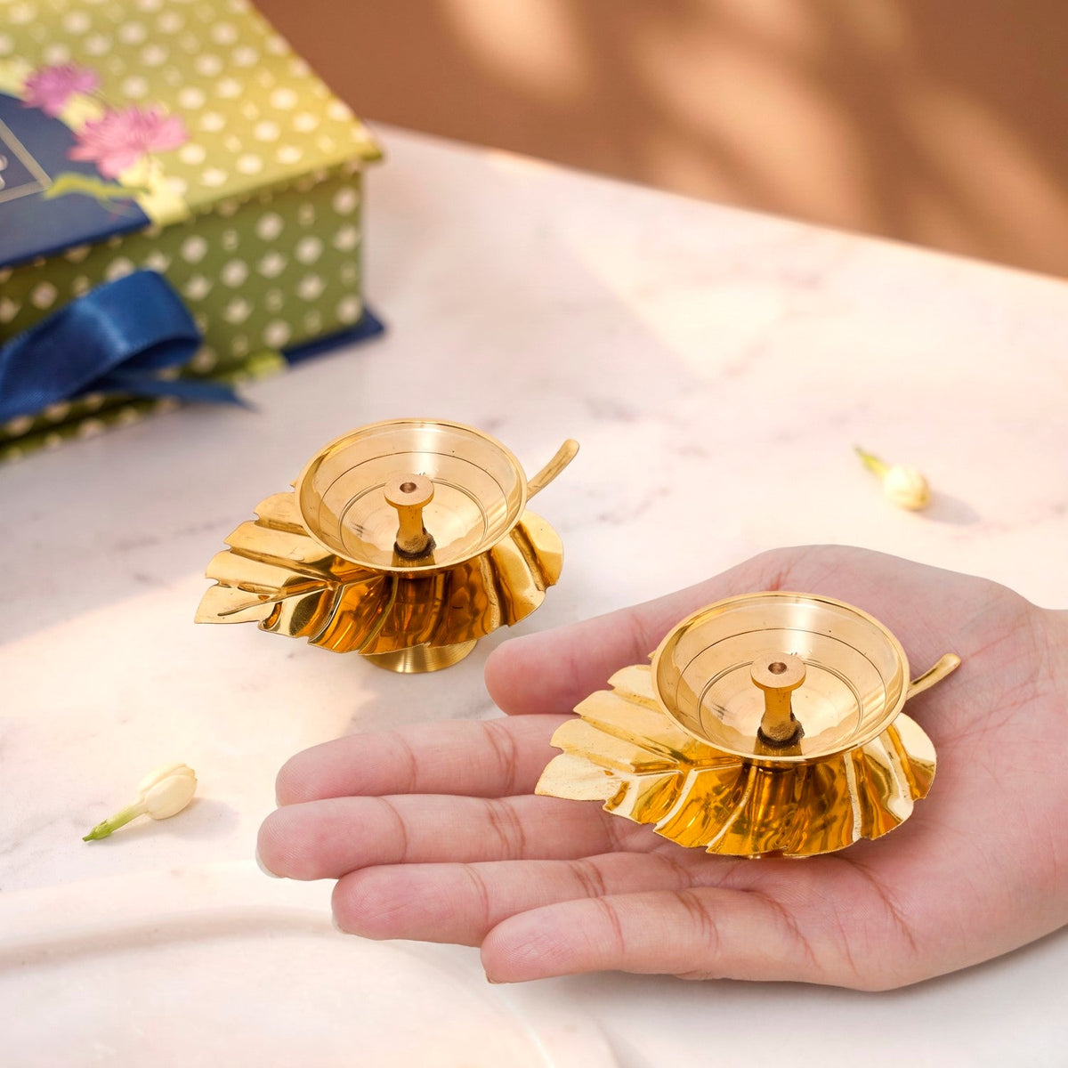Gold Leaf Pure Brass Diya Set Of 2 In Gift Box Nestasia