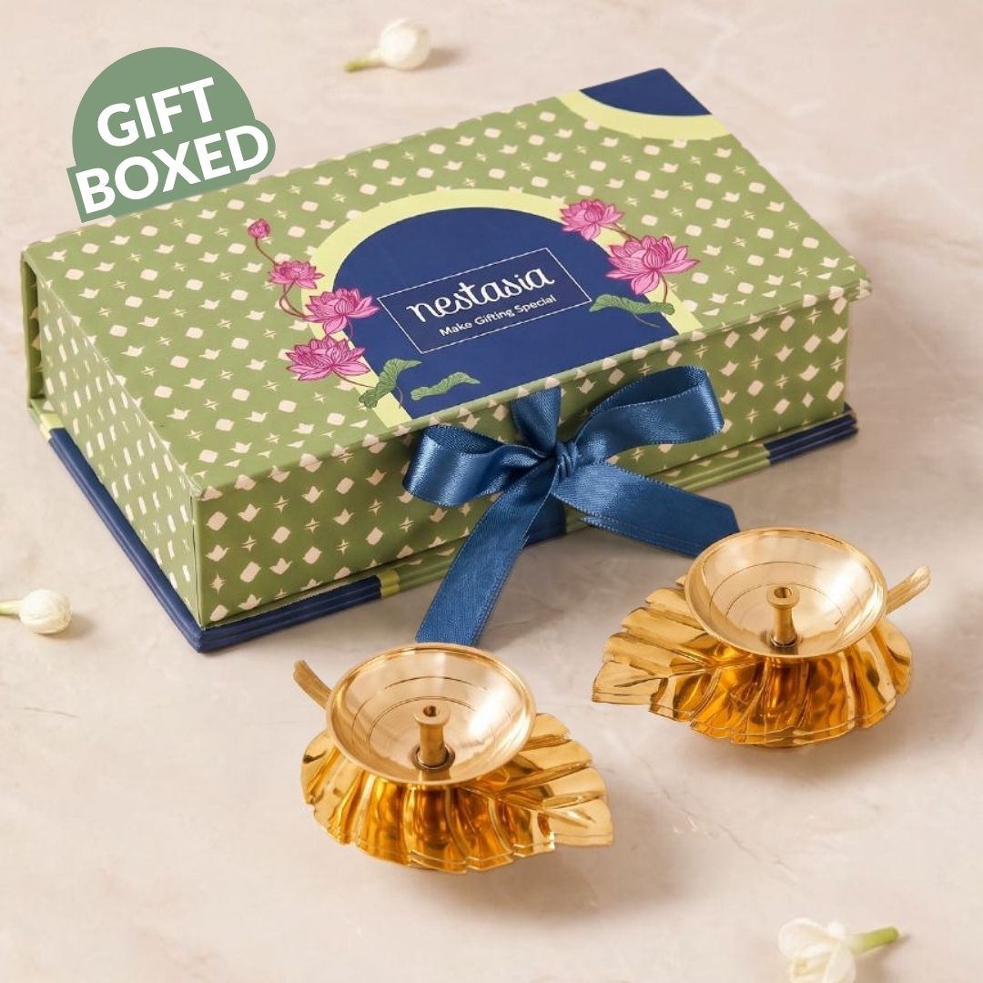 Gold Leaf Pure Brass Diya Set Of 2 In Gift Box Nestasia